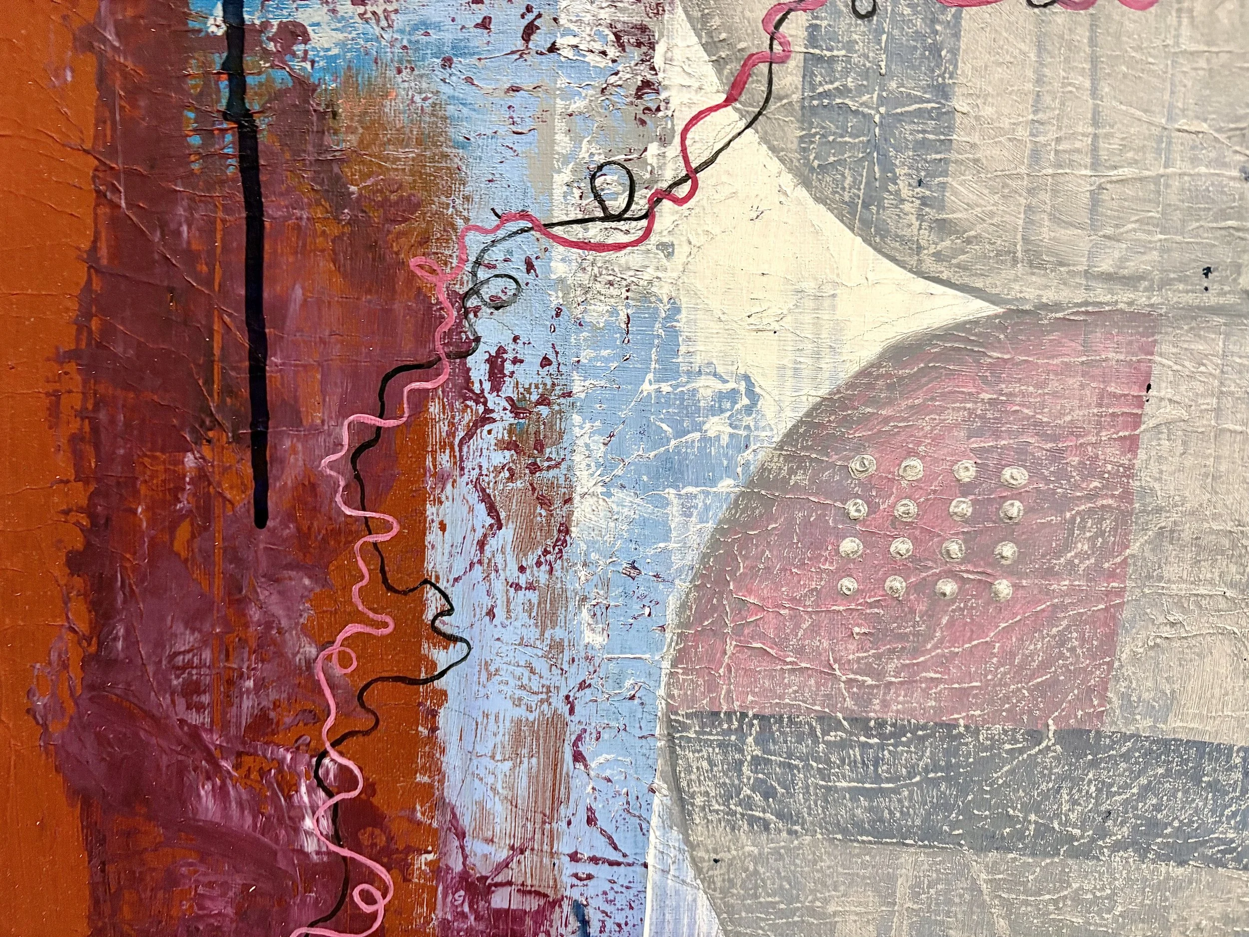 Abstract painting with a textured background of red, blue, gray, and white paint and curved lines in pink and black.