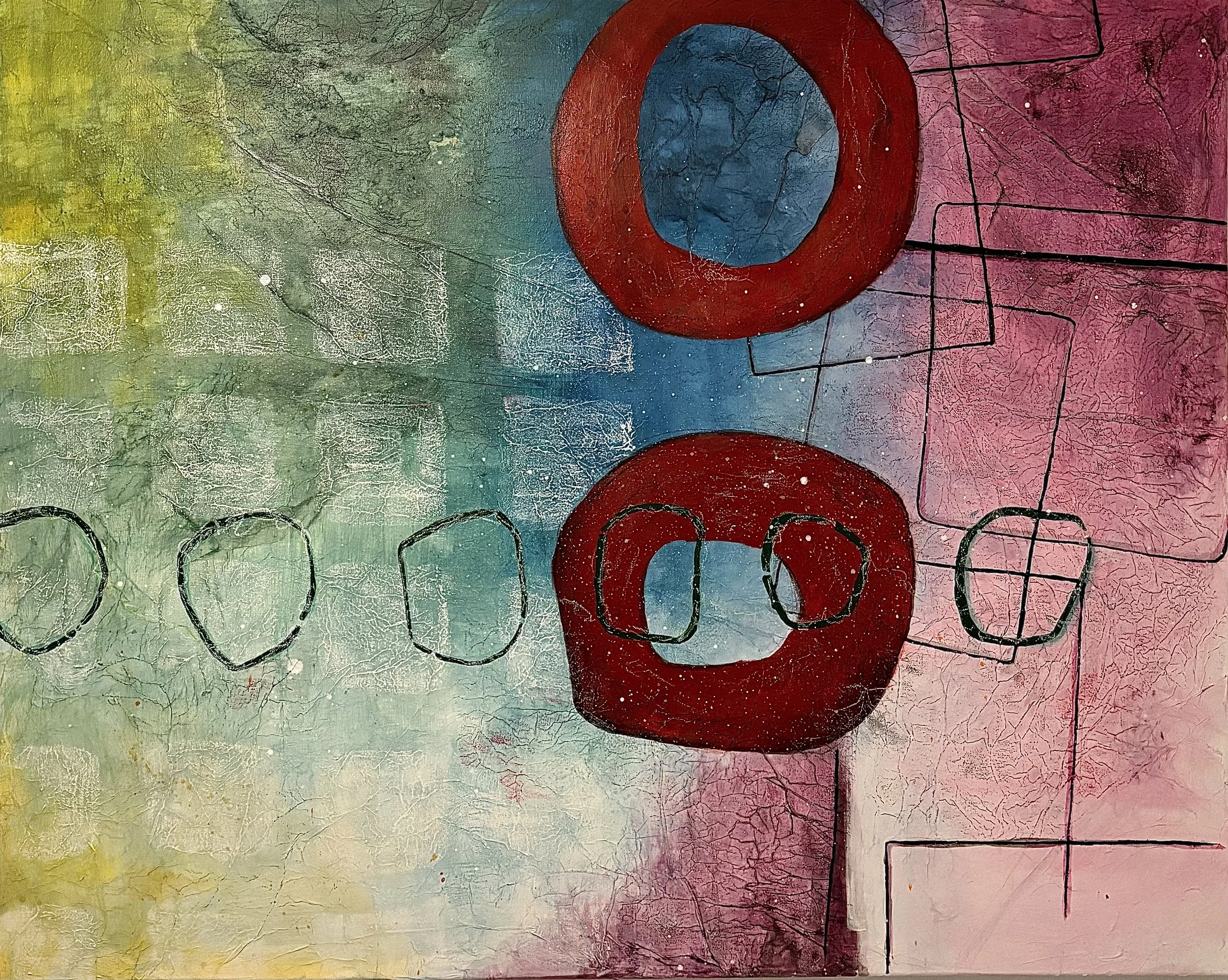 Abstract colorful painting with a textured surface divided into sections with different colors and patterns, featuring large red circles and black geometric lines.