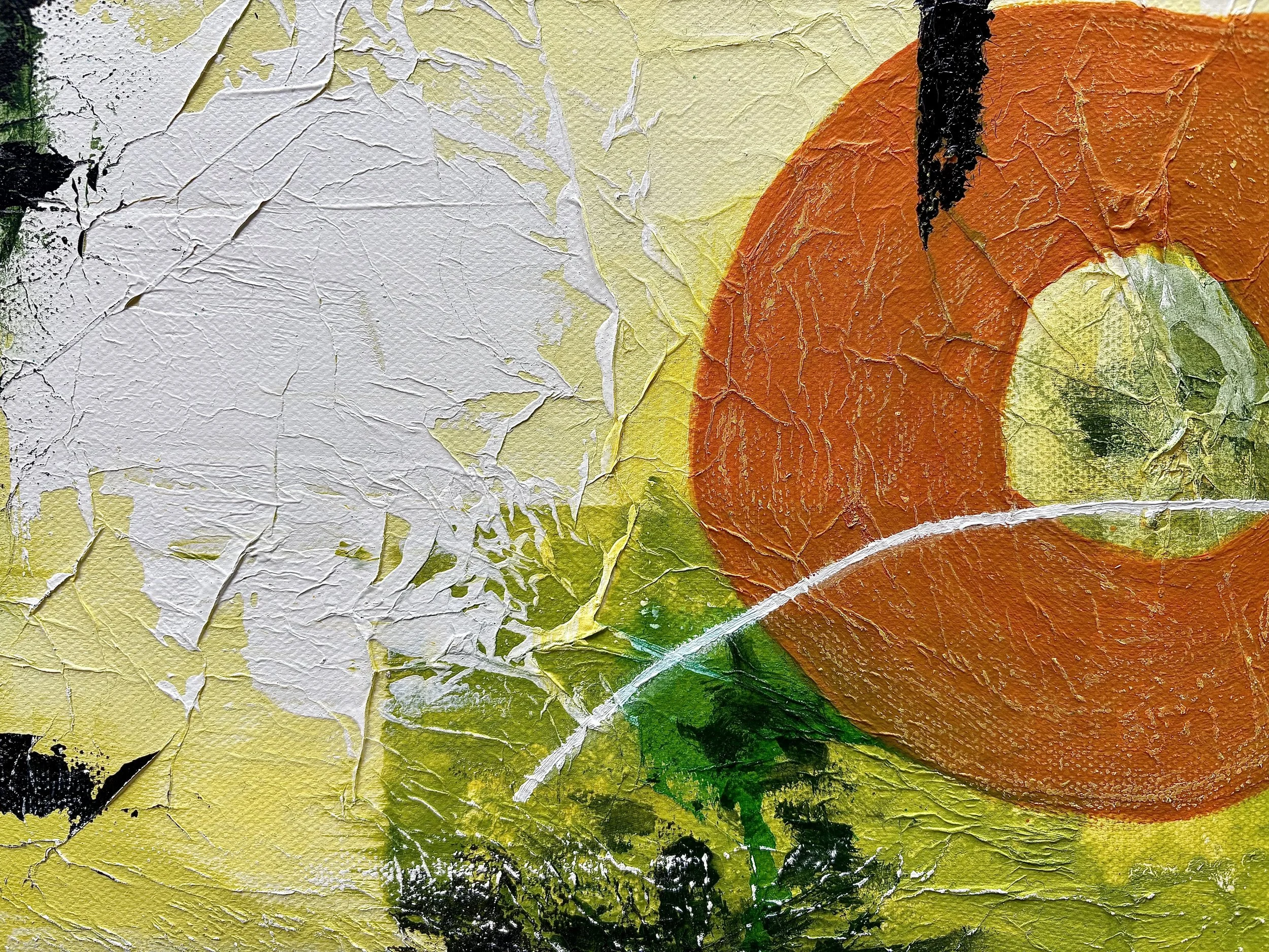 Close-up of a textured abstract painting with patches of yellow, orange, green, black, and white, featuring thick paint and visible brushstrokes.