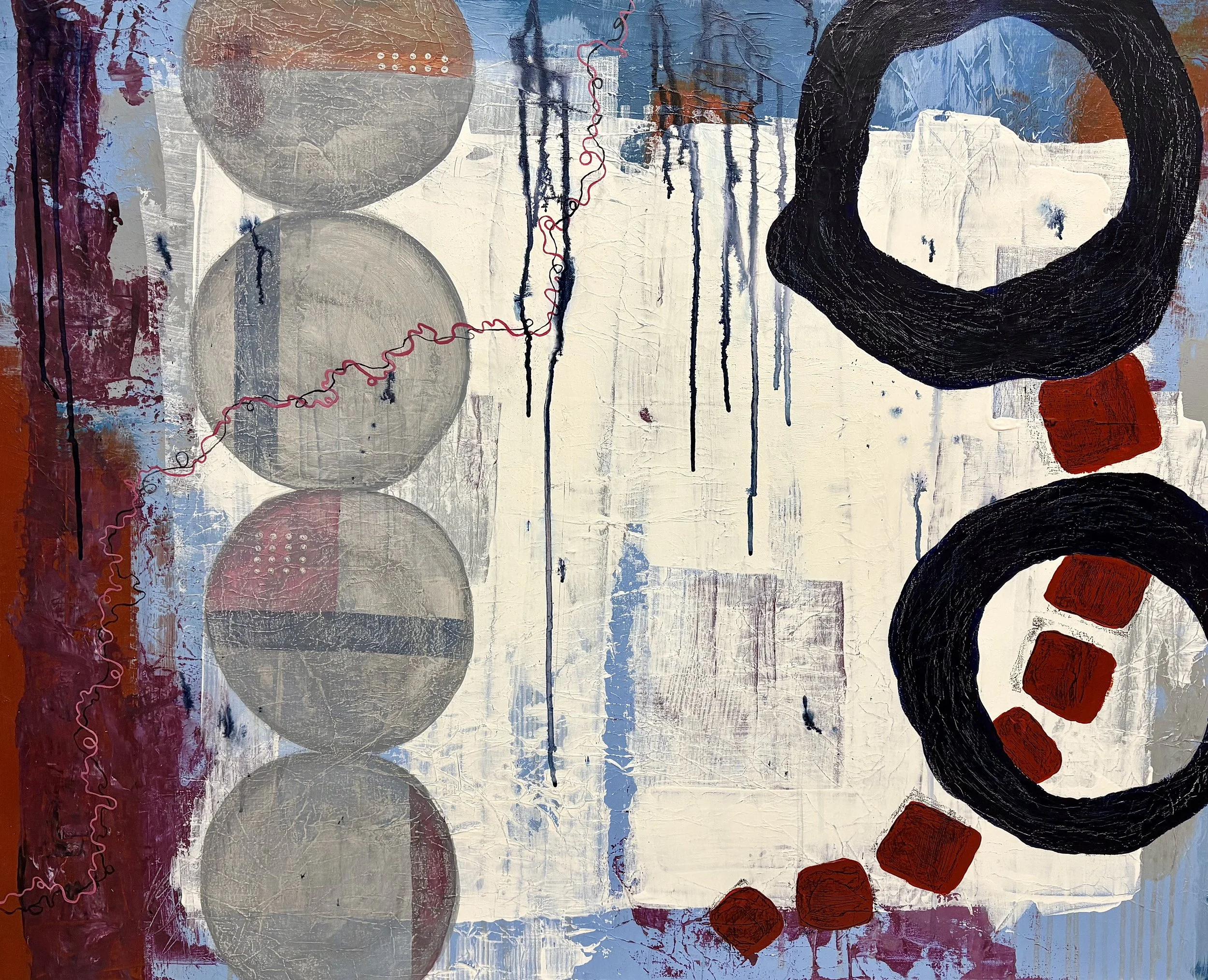 An abstract painting featuring large black circles with red segments, gray circles with textured appearances, and a variety of lines and textures in shades of blue, white, and red.