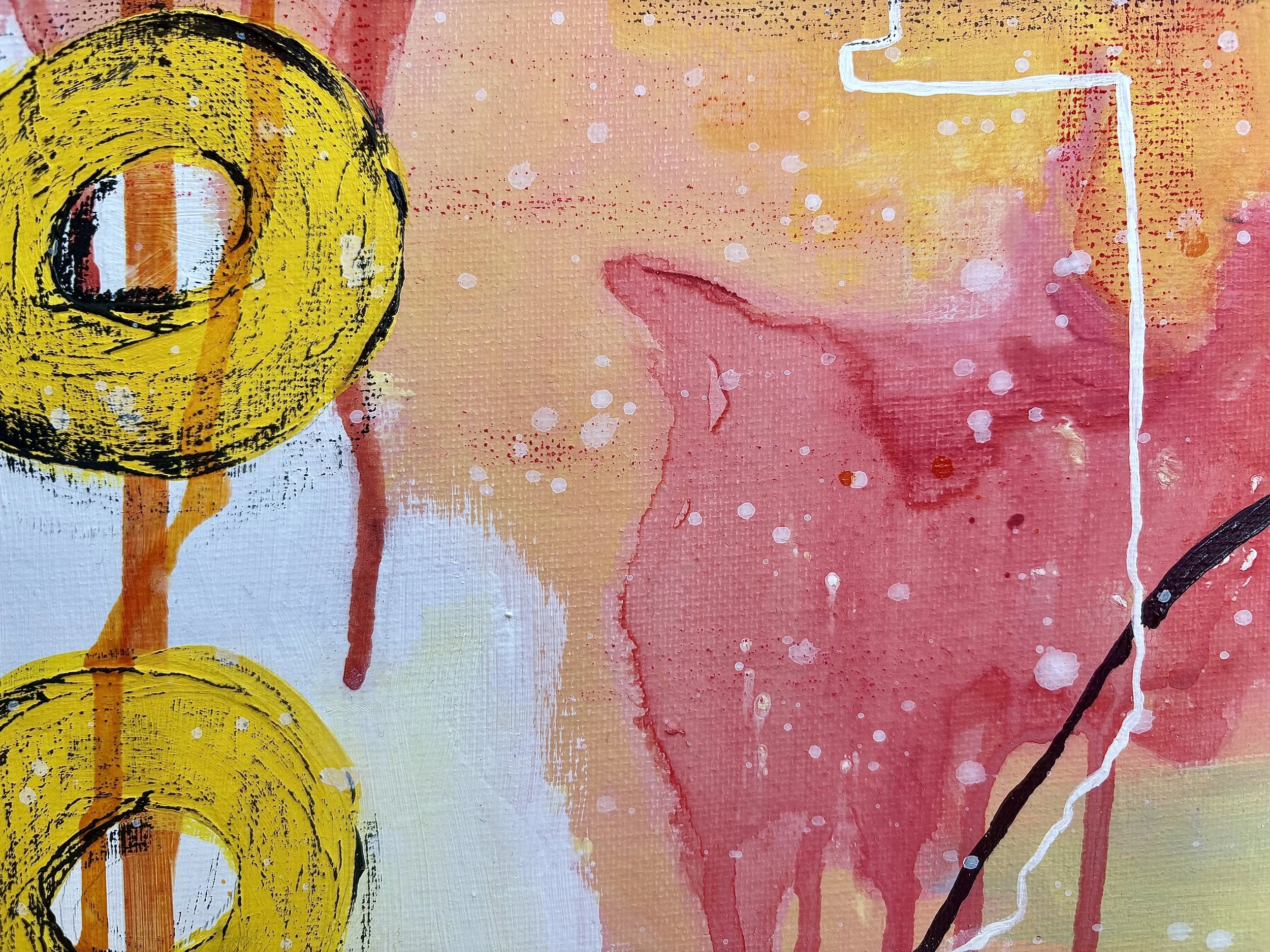 Close-up of an abstract painting with large yellow circles, orange drips, pink and yellow background, white splatters, and black and white lines.