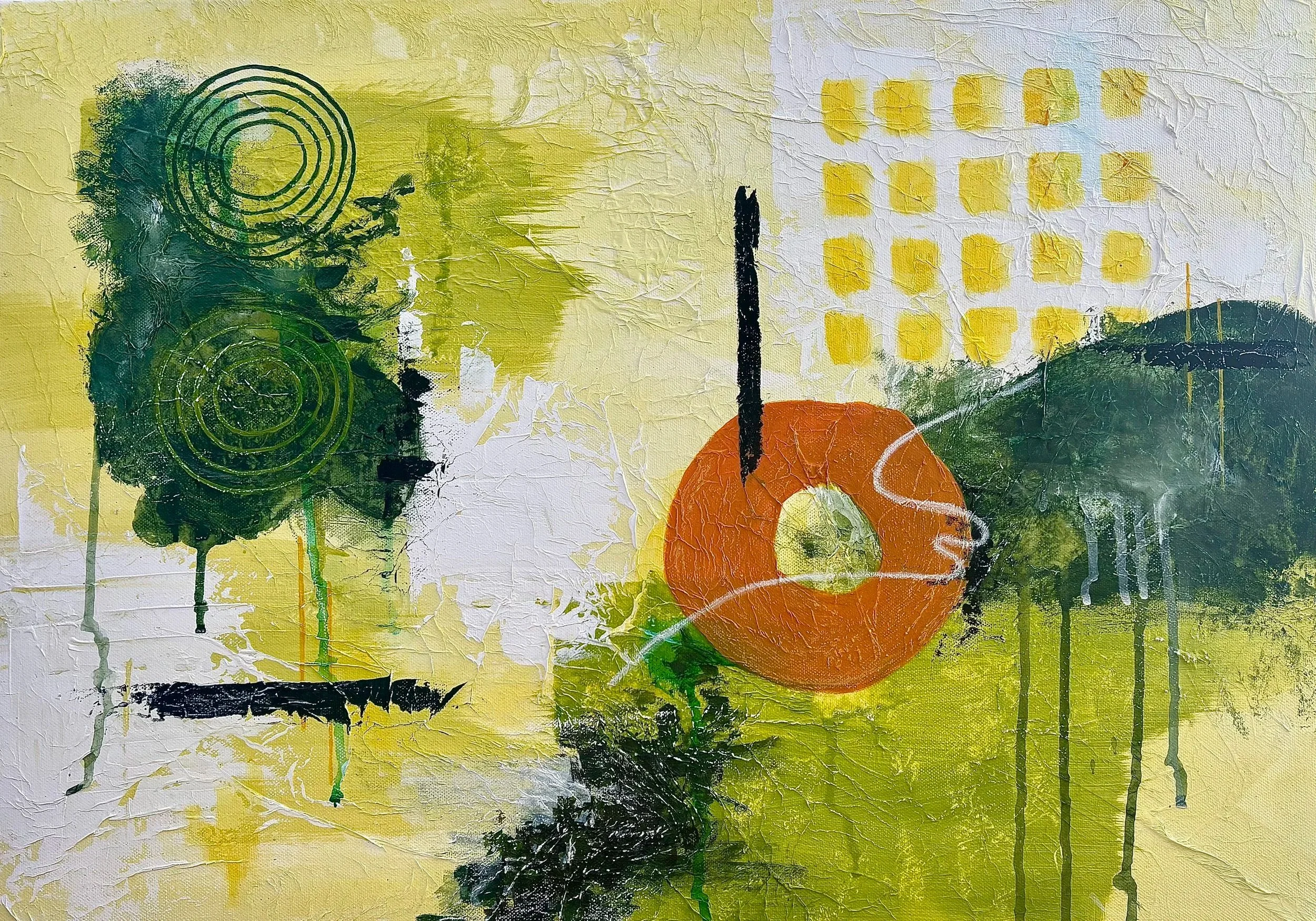 Abstract painting with yellow, green, black, orange, and white colors, featuring circular patterns, grid-like shapes, and textured brushstrokes.
