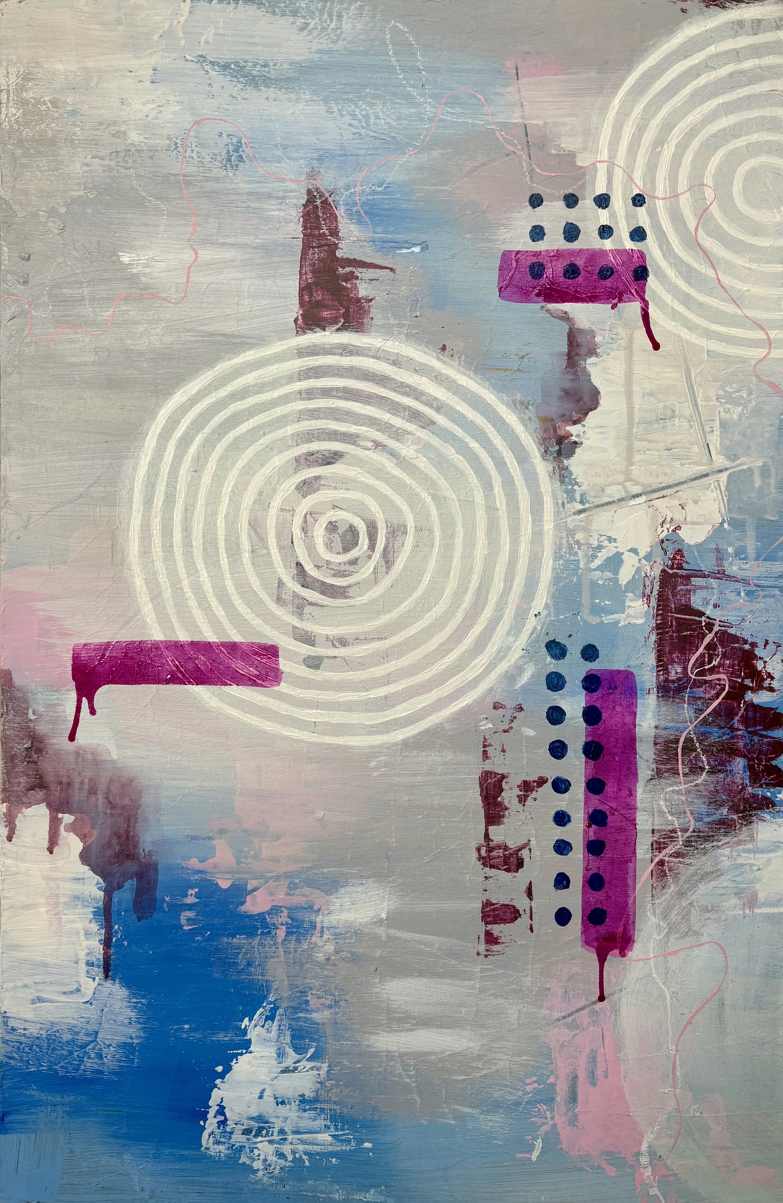 Abstract painting with blue, pink, white, and maroon colors, featuring concentric circles, dotted patterns, and irregular brushstrokes.