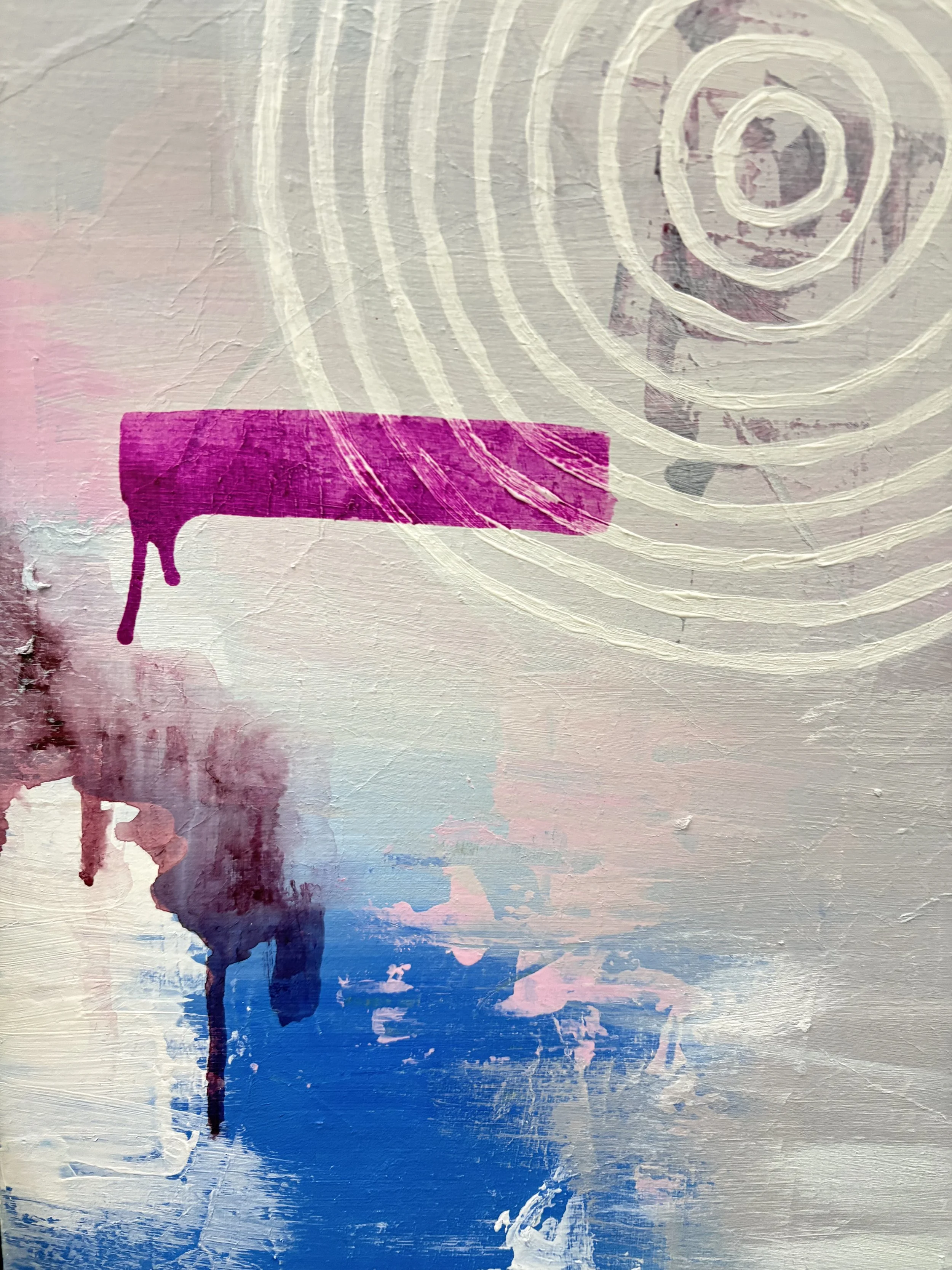 Abstract painting with spiral and dripping paint in shades of pink, purple, blue, gray, and white.