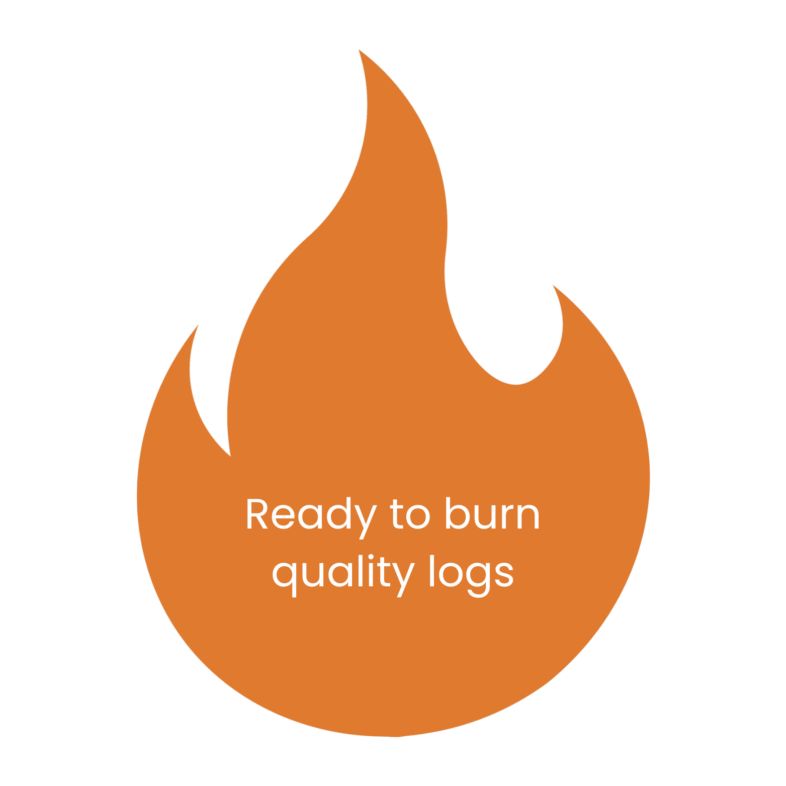 An orange flame-shaped icon with the text "Ready to burn quality logs" written inside in white letters.