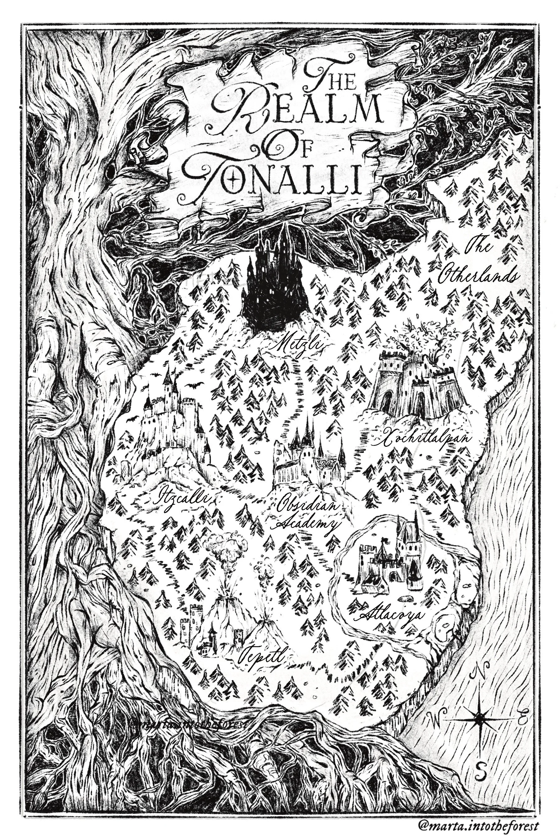 dark fantasy map with a sketch style