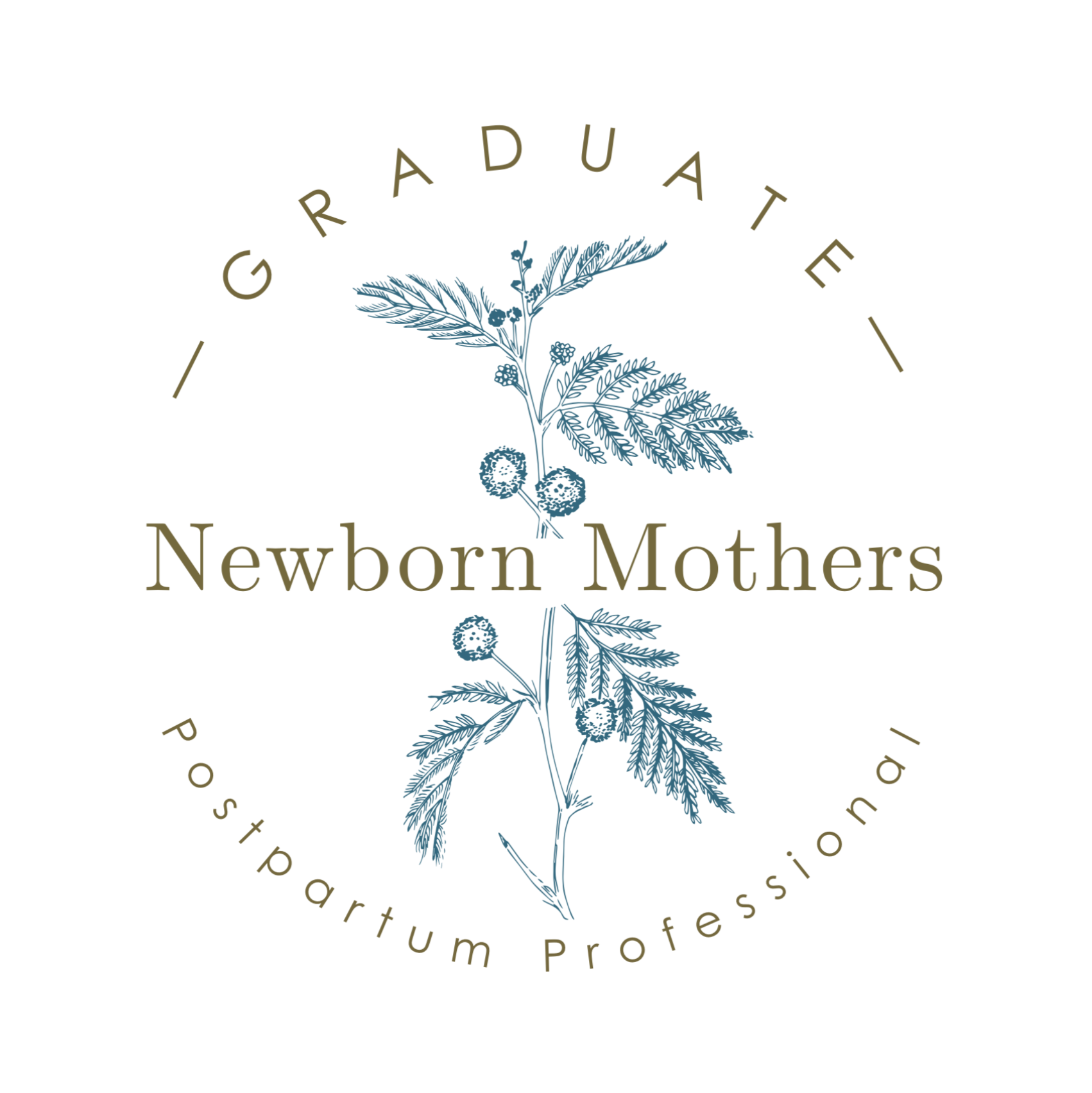 A circular logo for 'G RADUATE' with the tagline 'Newborn Mothers' and a botanical illustration of a fern in the center.