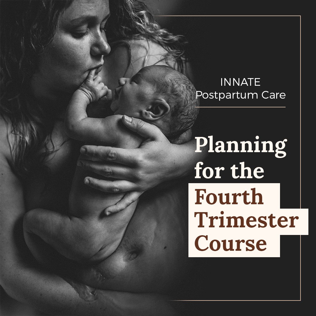 A woman holding a newborn baby close to her face, both in black and white. The woman is gently touching the baby's face and looking lovingly at the infant. The image contains text that reads "INNATE Postpartum Care Planning for the Fourth Trimester Course."