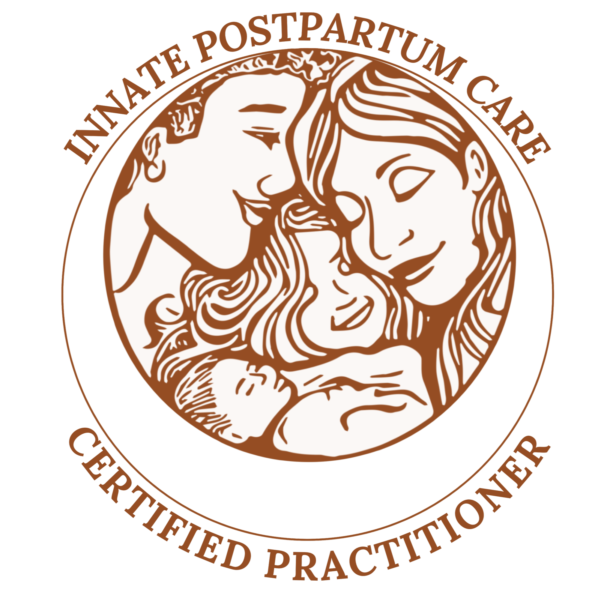 Seal for the International Postpartum Chart Certification featuring a stylized mother and child in brown and white with inscriptions around the edge.