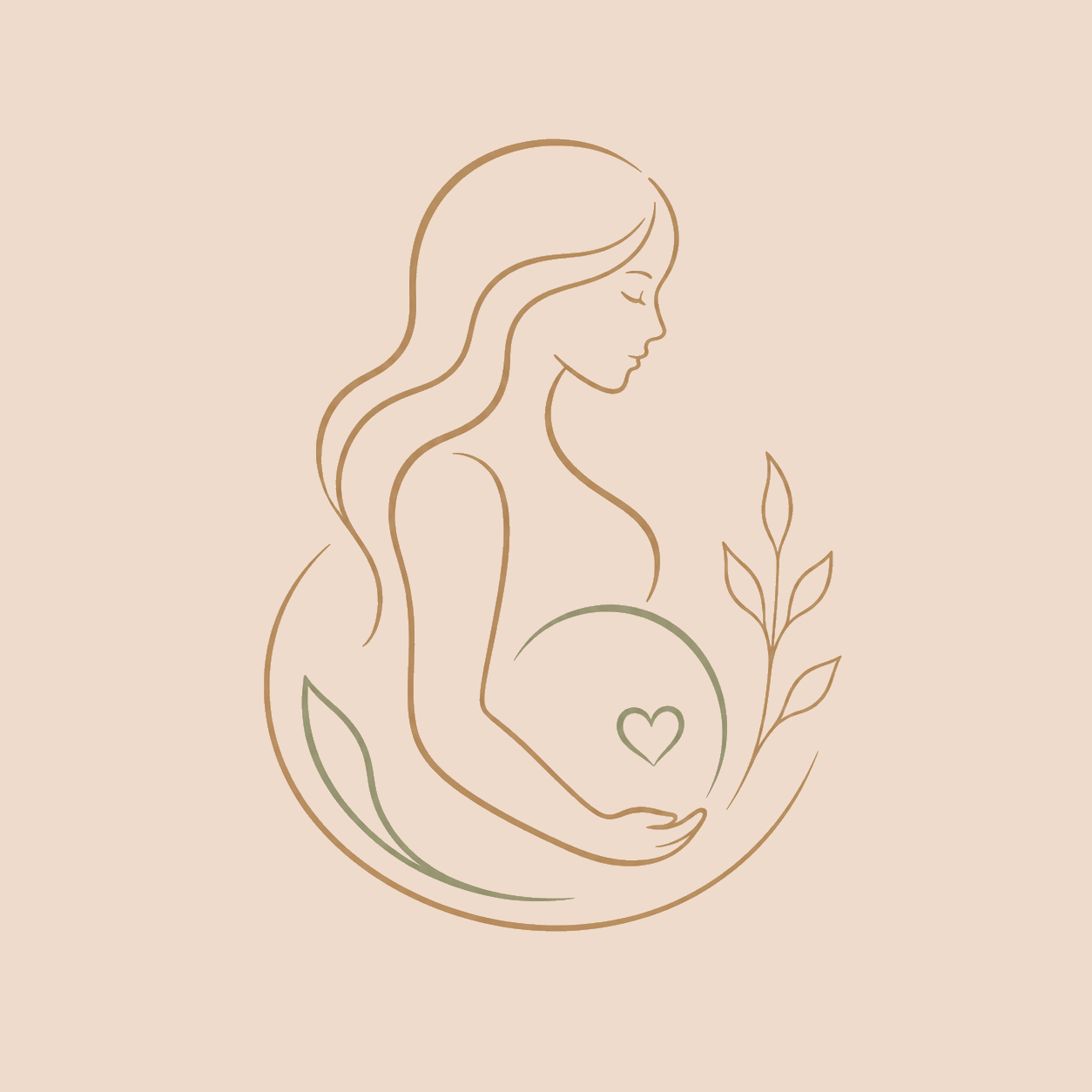 Minimalist line drawing of a pregnant woman holding a heart, with botanical elements and soft pastel background.
