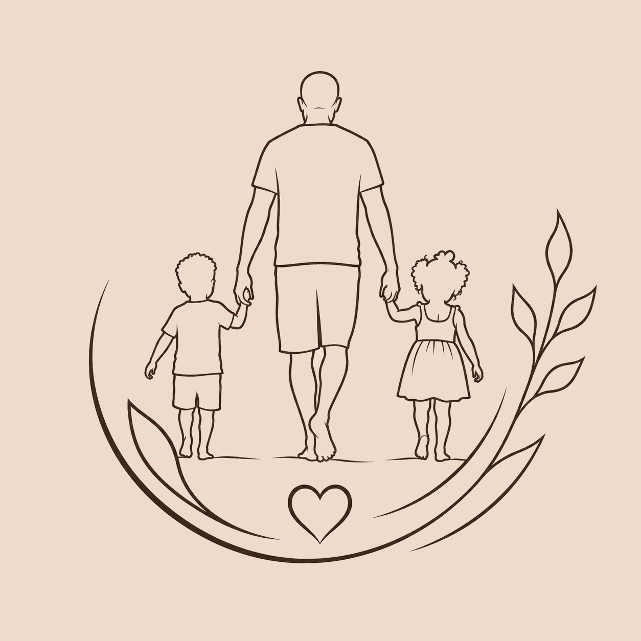 Line drawing of a man walking with two children, holding hands, surrounded by a heart and leaves.