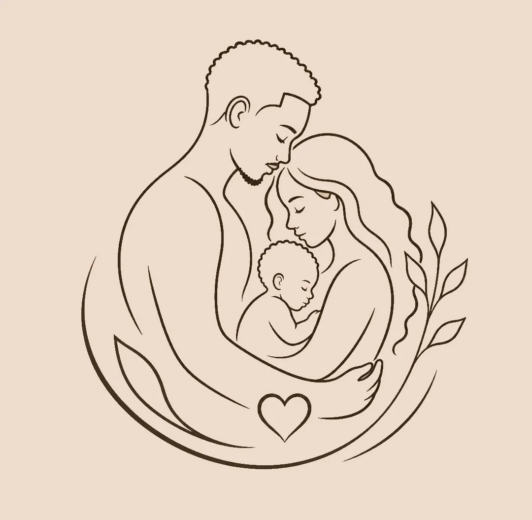 Line drawing of a family with a father, mother, and baby, all embracing each other with a heart symbol and leaves in the background.