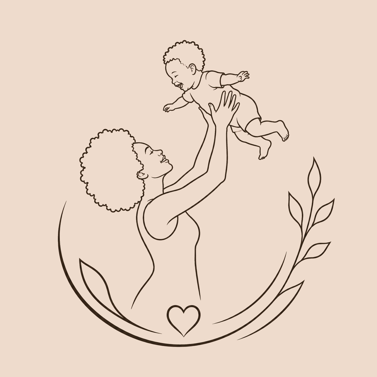 Line drawing of a woman with curly hair holding up a smiling baby in the air, surrounded by a floral design and a heart at the bottom.