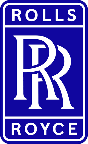 Sign with blue background and white text displaying the Rolls-Royce logo and name.