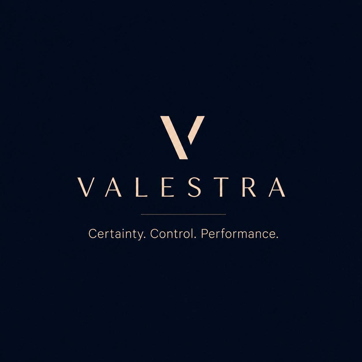 Valestra logo with a stylized 'V' and the tagline 'Certainty. Control. Performance.' on a dark background.