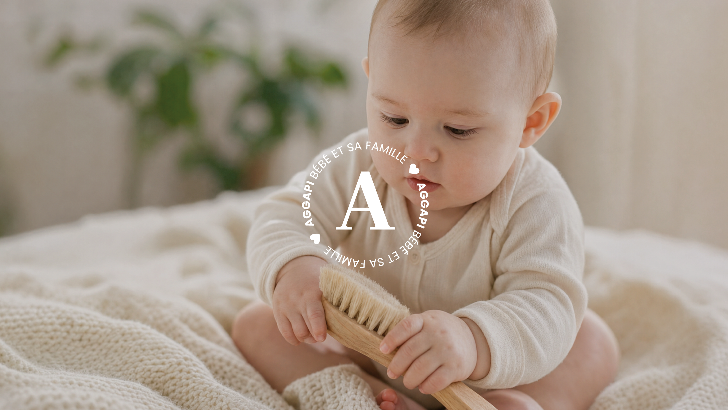 Un bébé brun assis sur un lit, tenant une brosse en bois, avec un fond flou de plante verte, vêtue d'un pull beige clair.