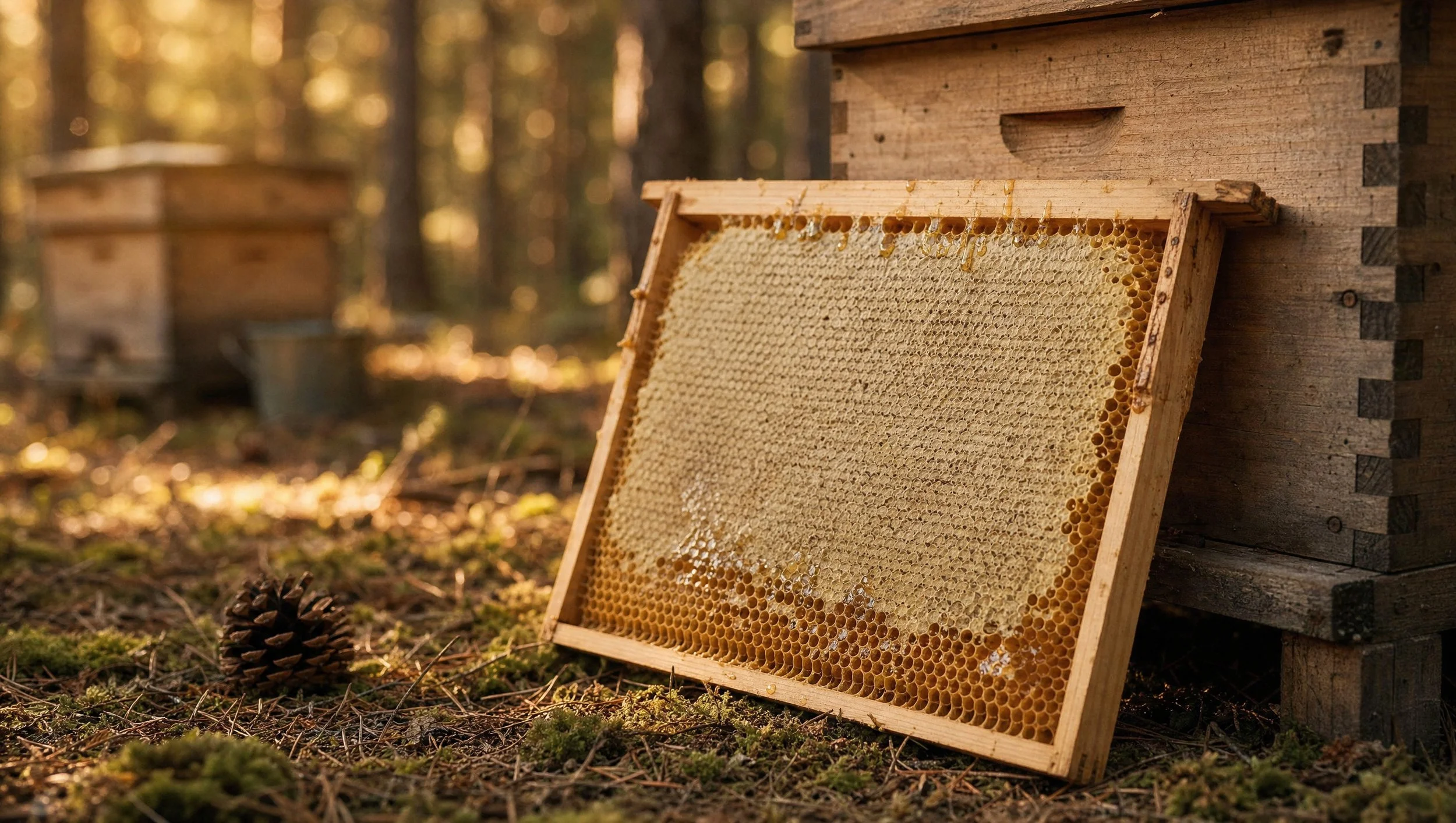Une ruche en bois avec des cadres de cire d'abeille dans une forêt, près du sol, avec des pommes de pin et des feuilles au premier plan, illuminated par la lumière du soleil.