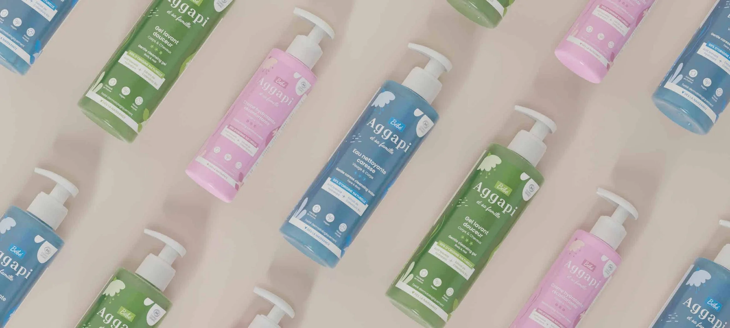 Gamme de packagings développée pour les produits de soin bio pour bébé Aggapi.