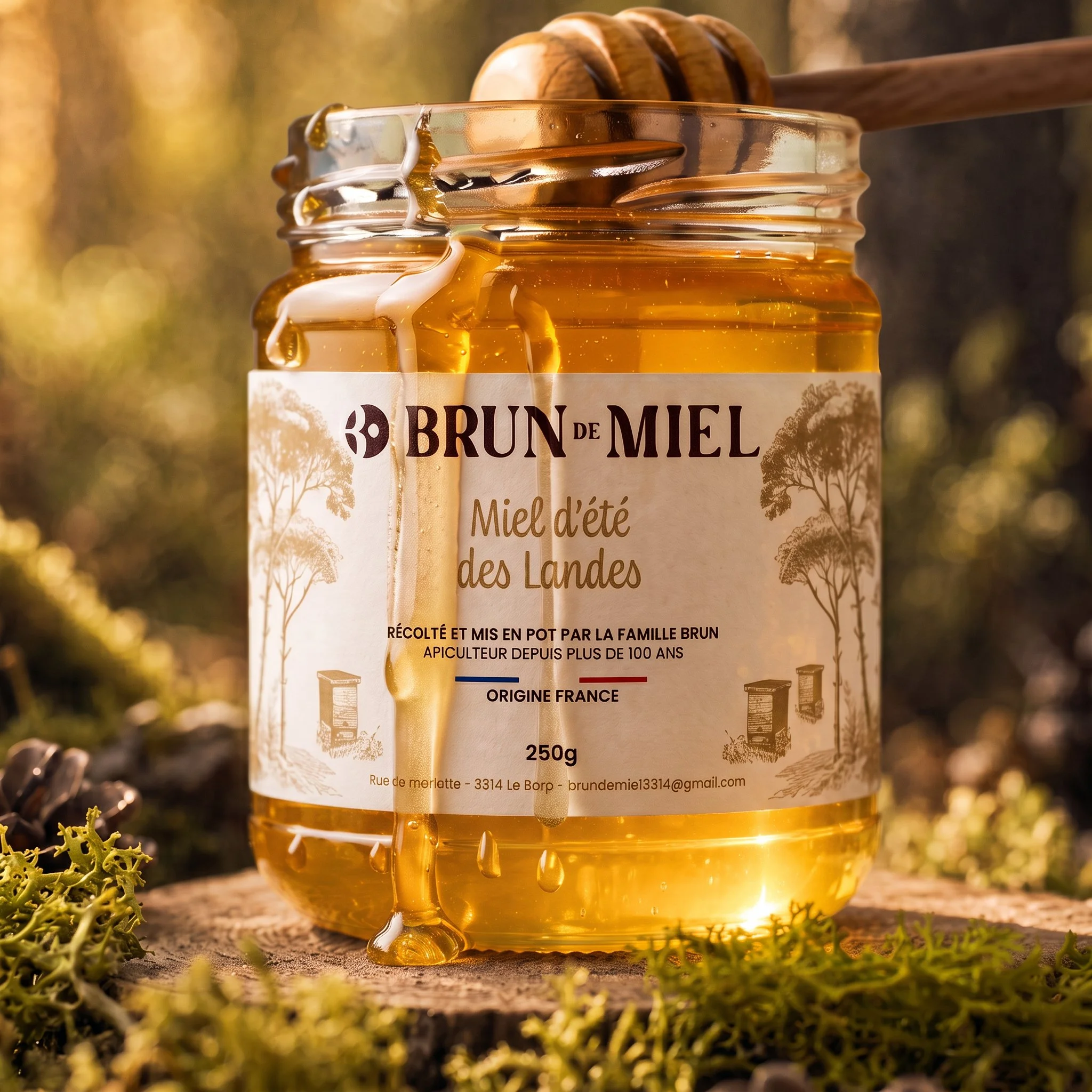 Pot de miel doré de la famille Brun, avec une cuillère en bois dessus, en plein air avec un fond flou de nature et de soleil.