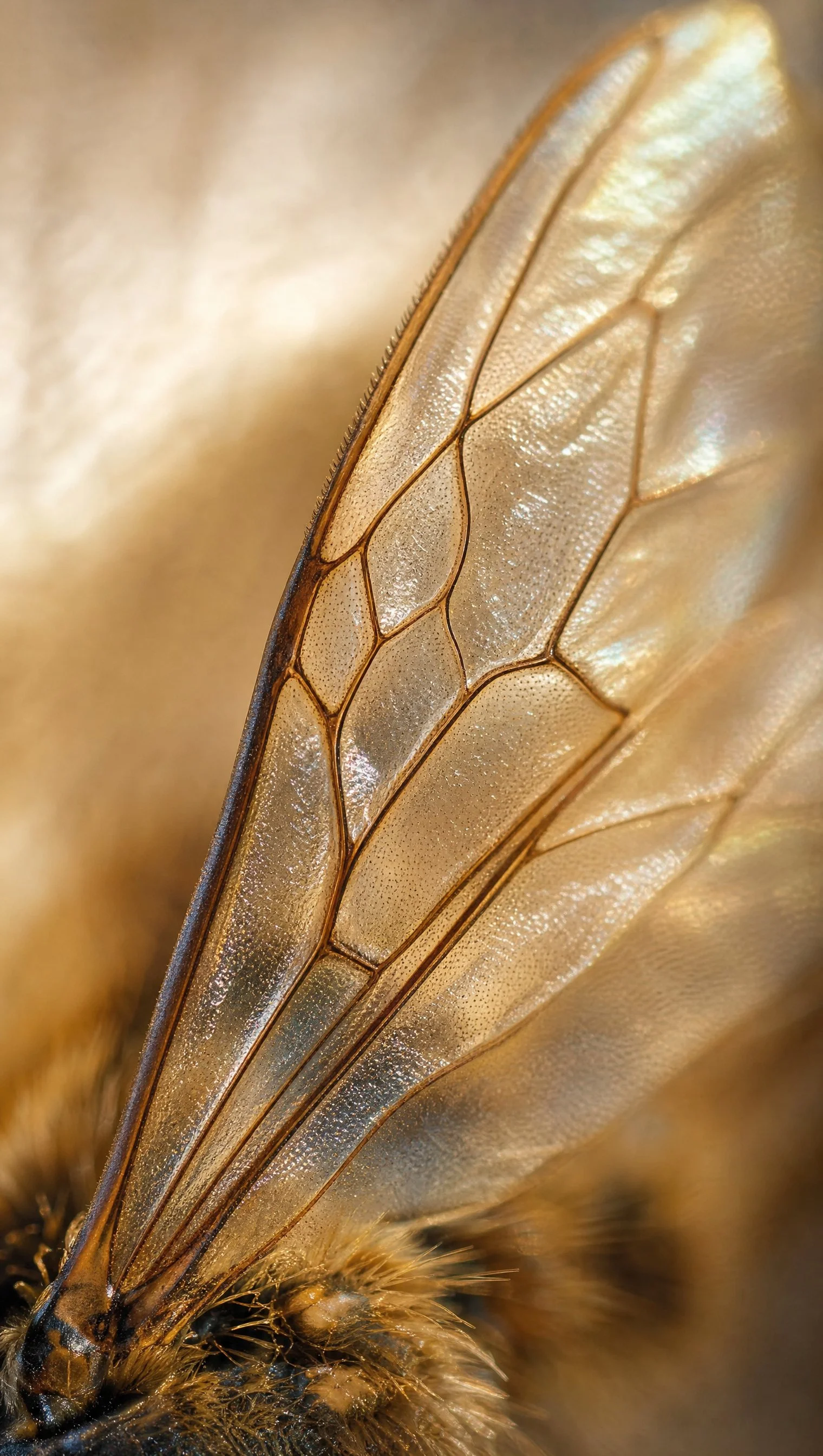 Gros plan d'une aile de papillon, montrant ses veines délicates et ses couleurs dorées et translucides.