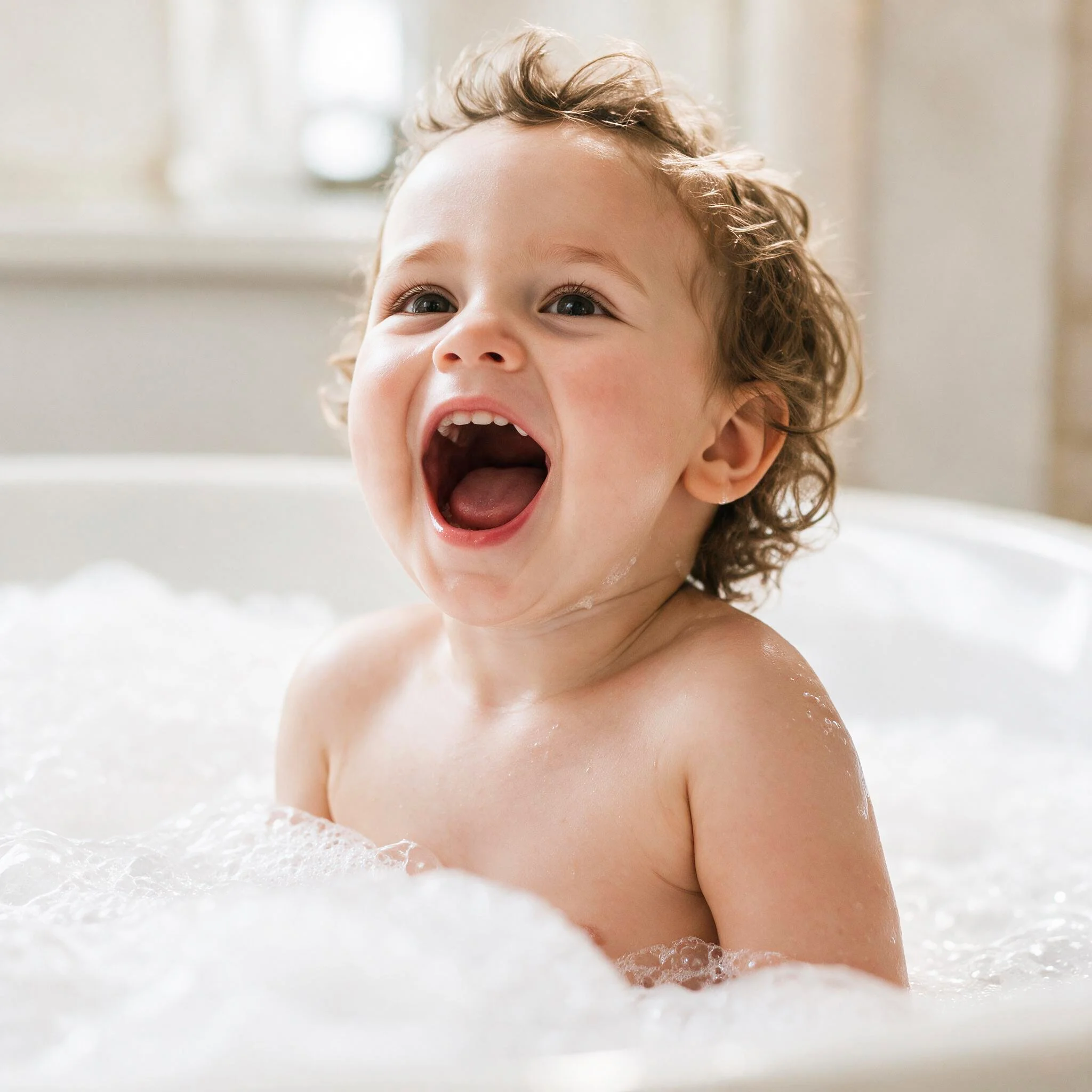 Un enfant souriant dans une baignoire, éclaboussant de l'eau, avec des cheveux bouclés et peau claire.