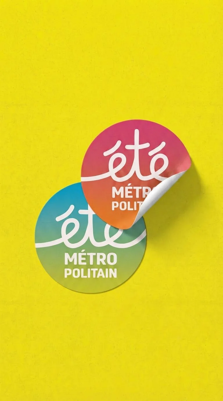 Deux autocollants ronds, un rouge et un vert, avec le texte 'été métro politain', collés sur une surface jaune, le coin supérieur droit de l'autocollant rouge est légèrement décollé.
