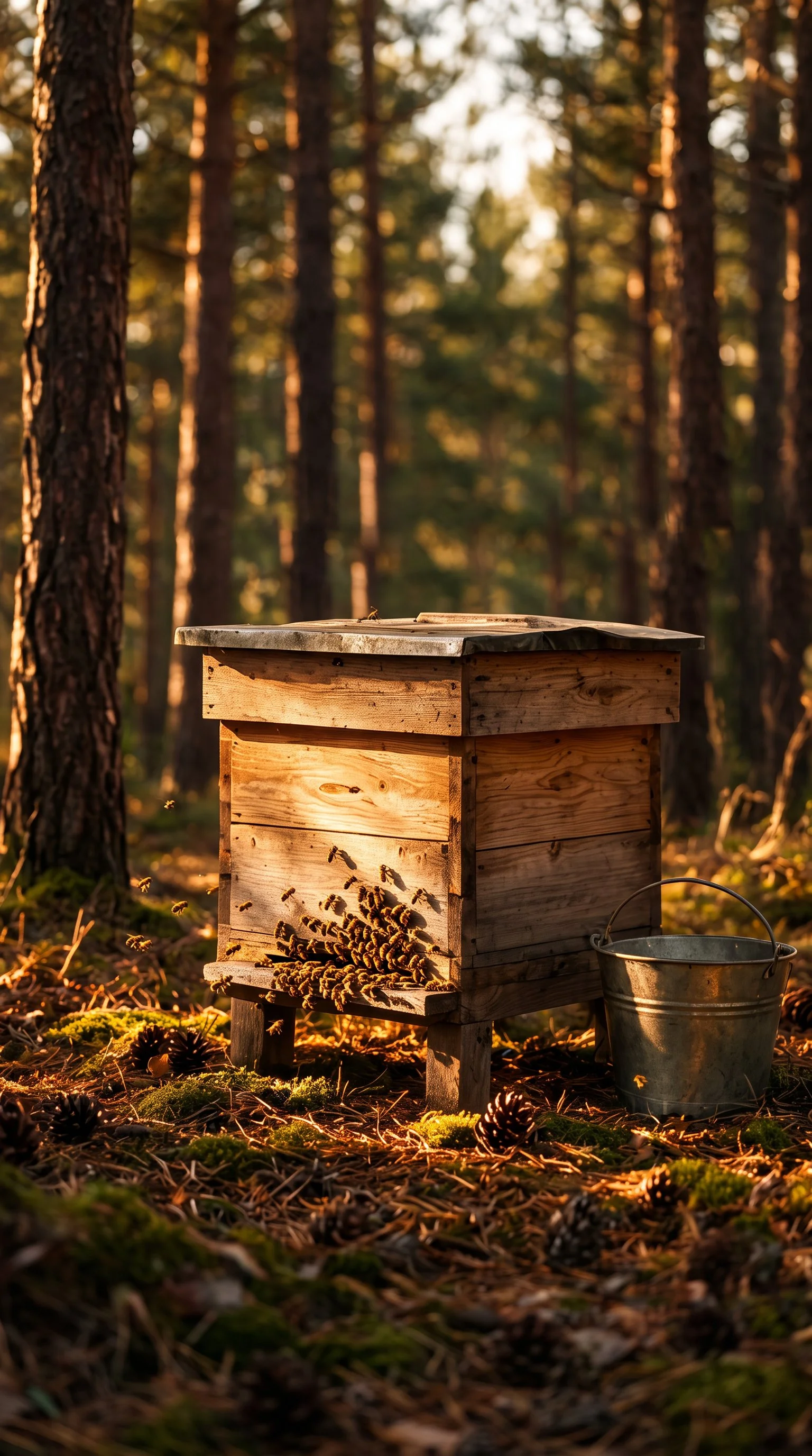 Une ruche en bois dans une forêt avec des abeilles entrant et sortant, un seau à côté, peluches de pommes de pin et mousse sur le sol, éclairage chaud du coucher de soleil.