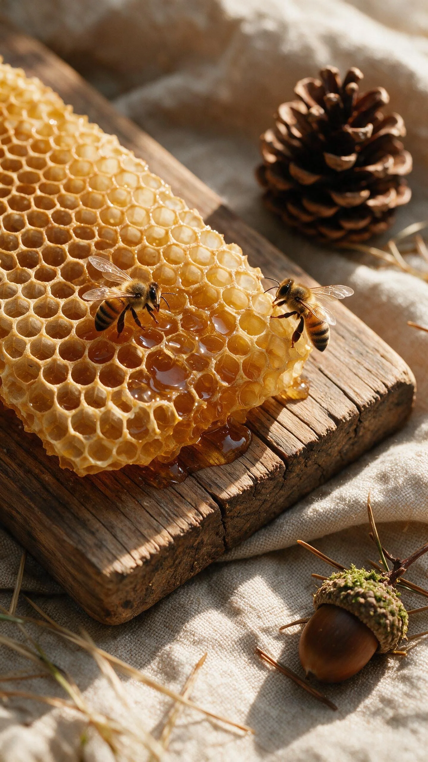 Une ruche en cire avec deux abeilles qui butinent, un gland et une châtaigne sur du tissu beige.