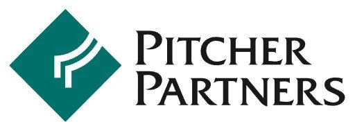 Logo of Pitcher Partners featuring a green diamond shape with white lines and black text.