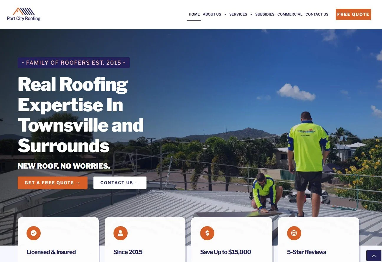 A screenshot of Port City Roofings website as displayed on portcityroofing.com.au