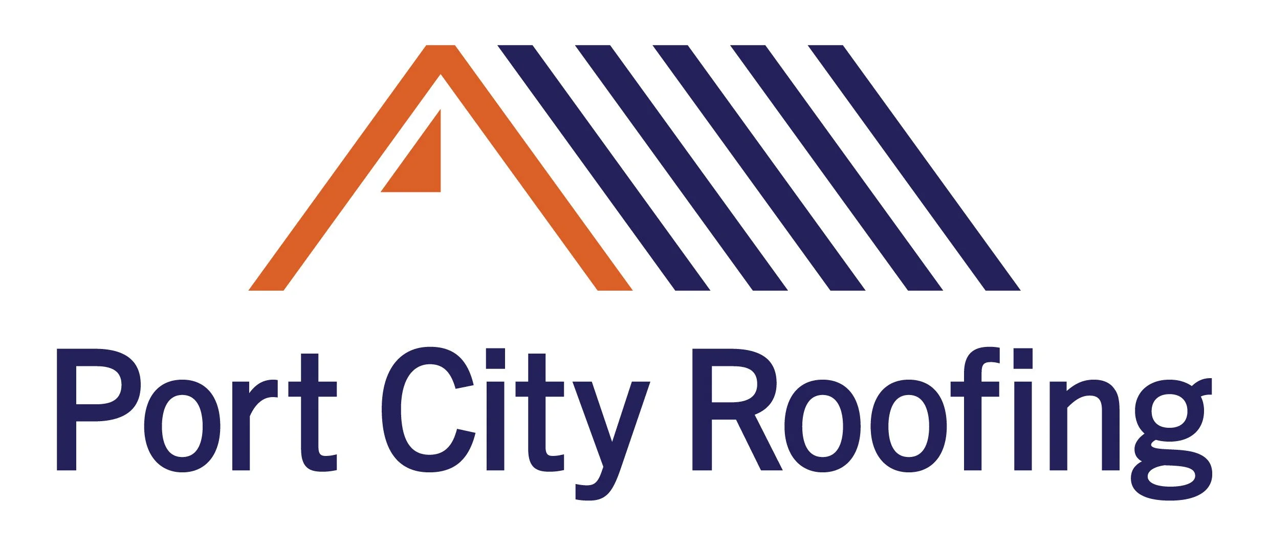 Logo for Port City Roofing featuring an orange and navy roof graphic above navy text.