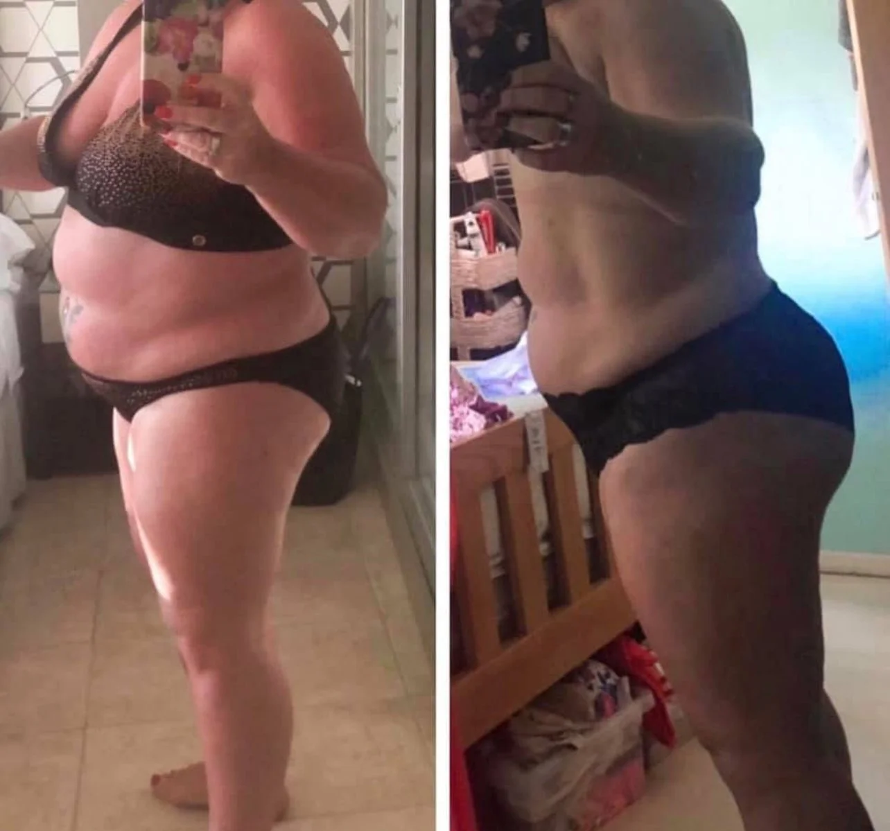 Side-by-side comparison of a woman's torso and lower body before and after weight loss. perimenopause, menopause, post natal fitness