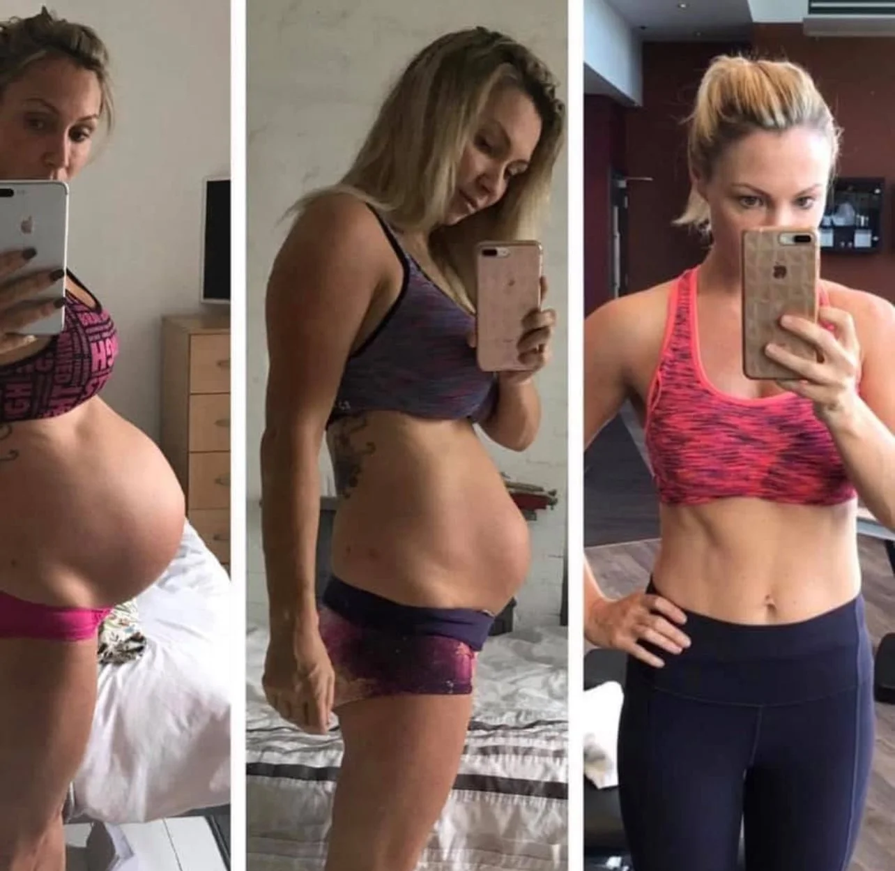 Before and after photos of a woman documenting her fitness transformation, showing a progression in her stomach and overall physique.
