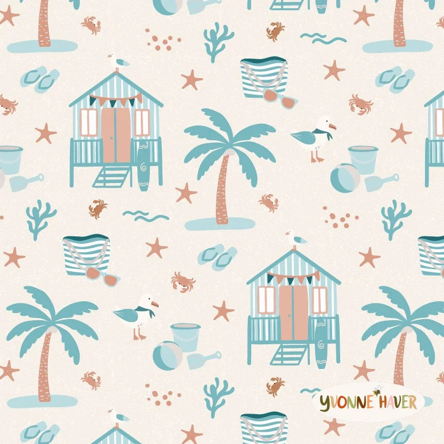 Surface pattern with beach hut, seagull, palm tree