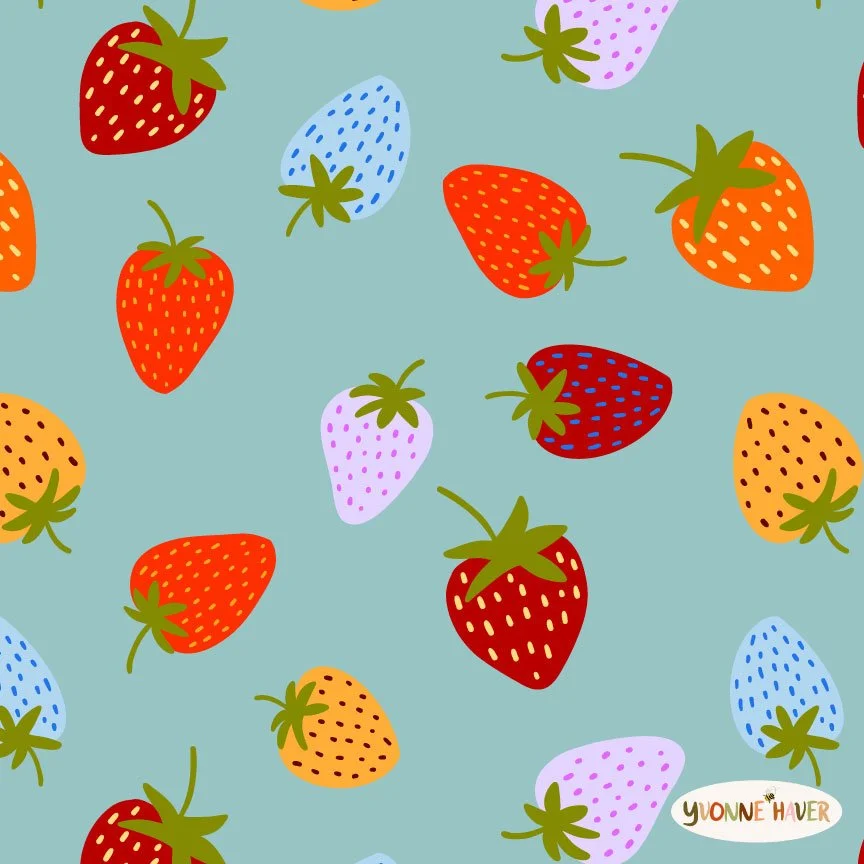 Seamless pattern with colorful strawberries on a blue background