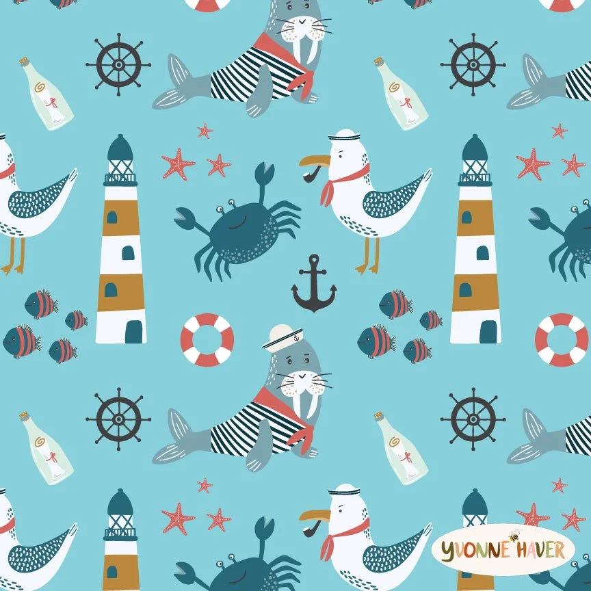 Seamless pattern with a nautical design with walrus, seagull, lighthouse