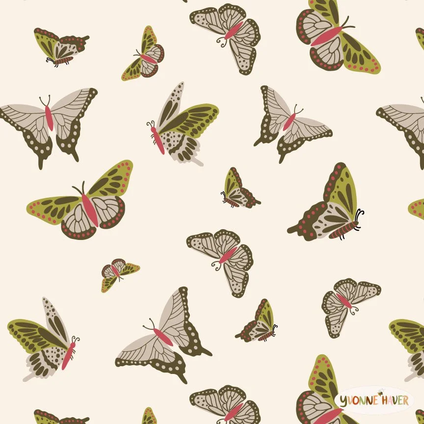 Butterfly pattern in green, beige and pink