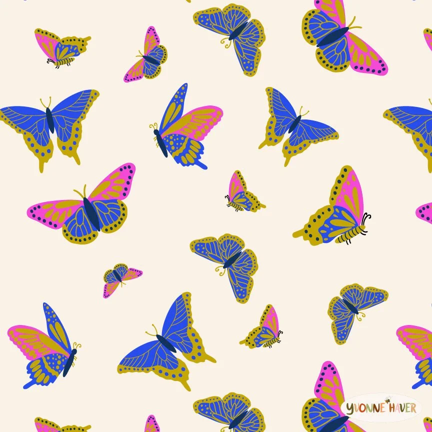 Butterfly pattern in blue, green and pink
