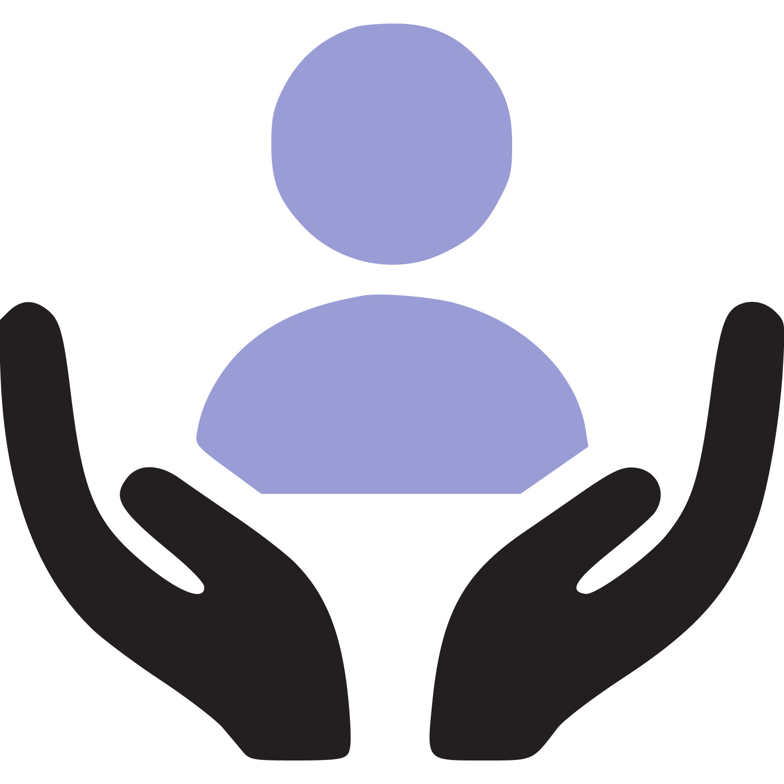 Illustration of two hands holding a person made of purple geometric shapes, representing care or support.