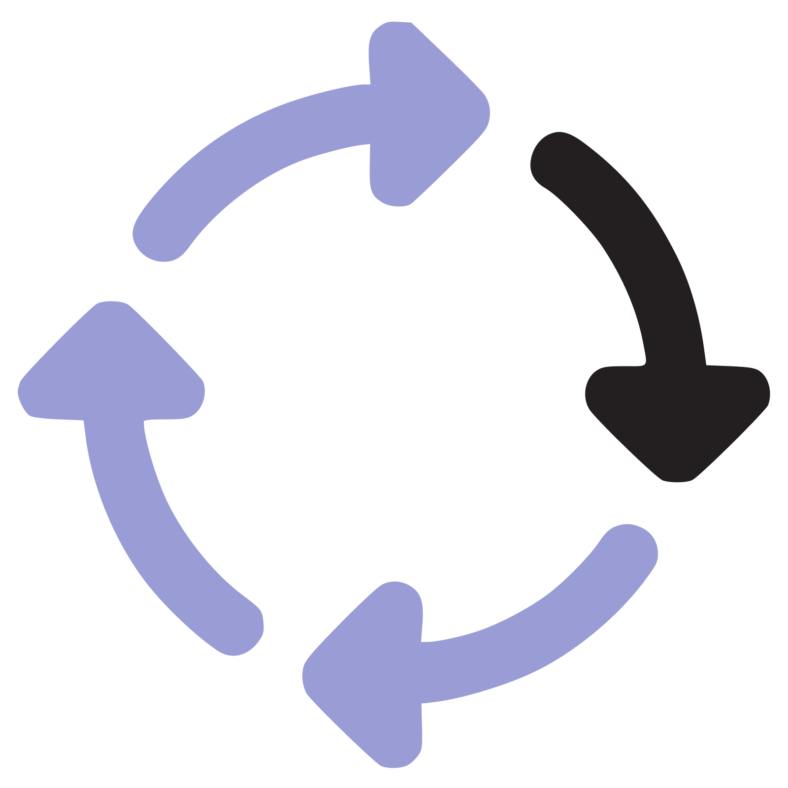 Diagram of circular arrows in light purple and black, representing a cyclical process or flow.