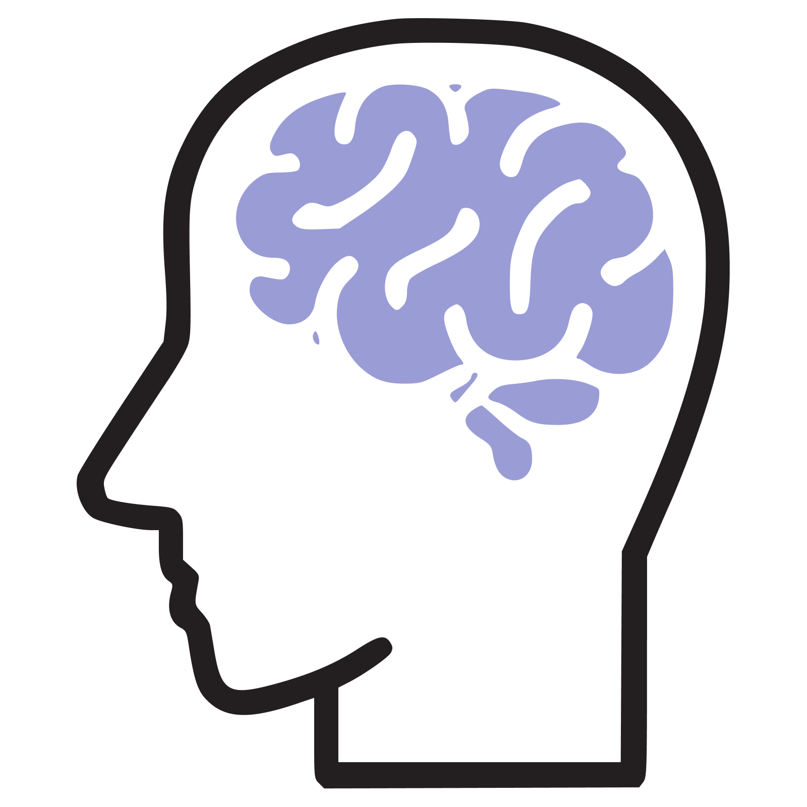 Line drawing of a human head profile with a purple brain inside.