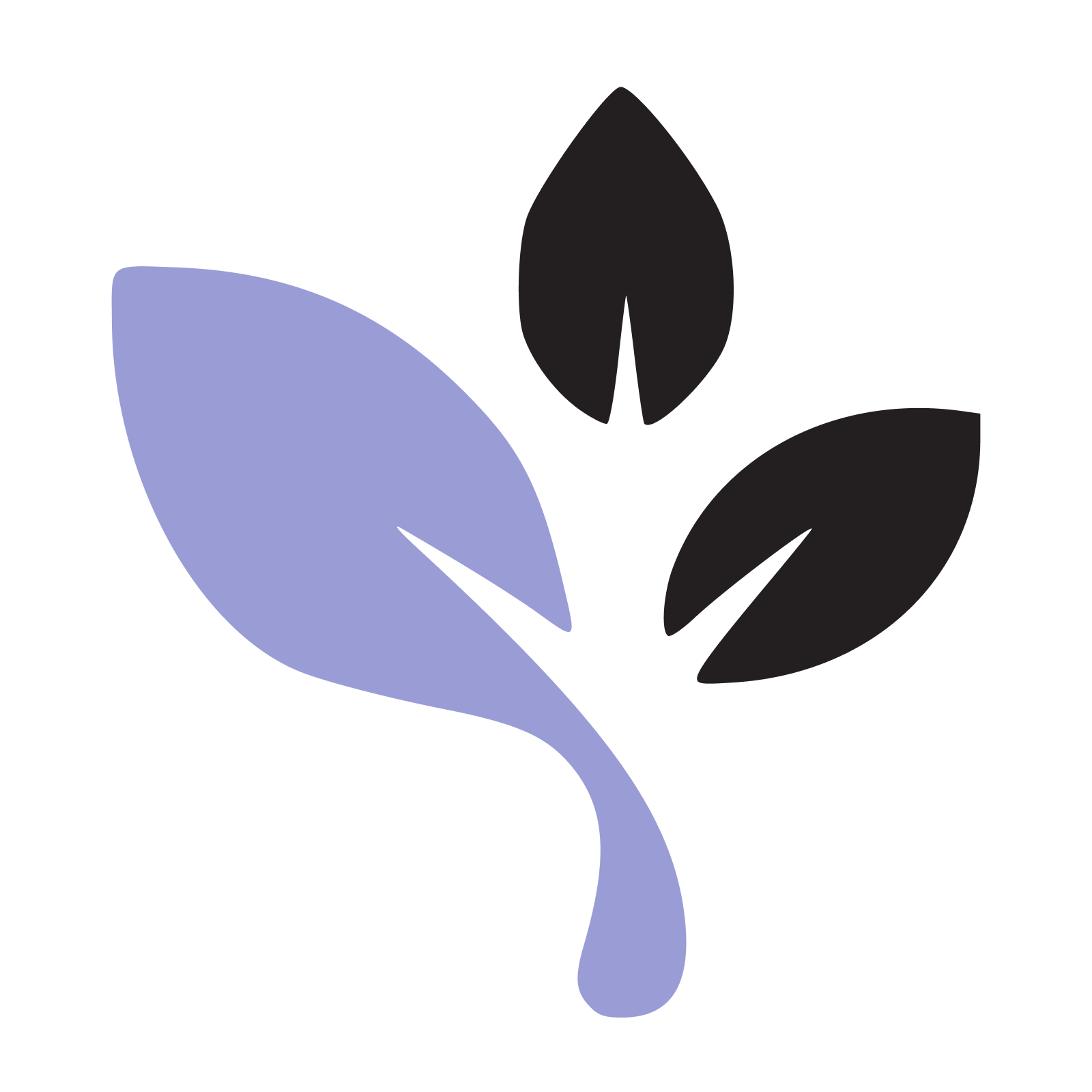 Illustration of three black leaves and one purple leaf on a black background.