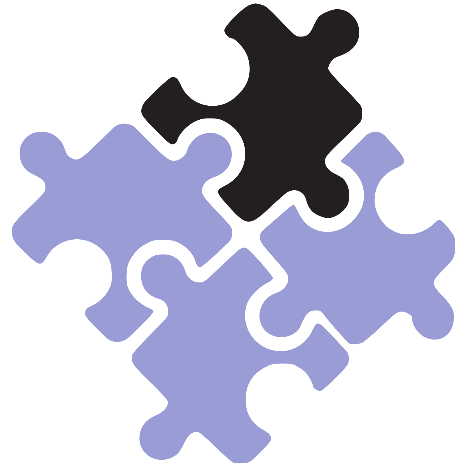 A collection of interconnected puzzle pieces in purple and black colors.