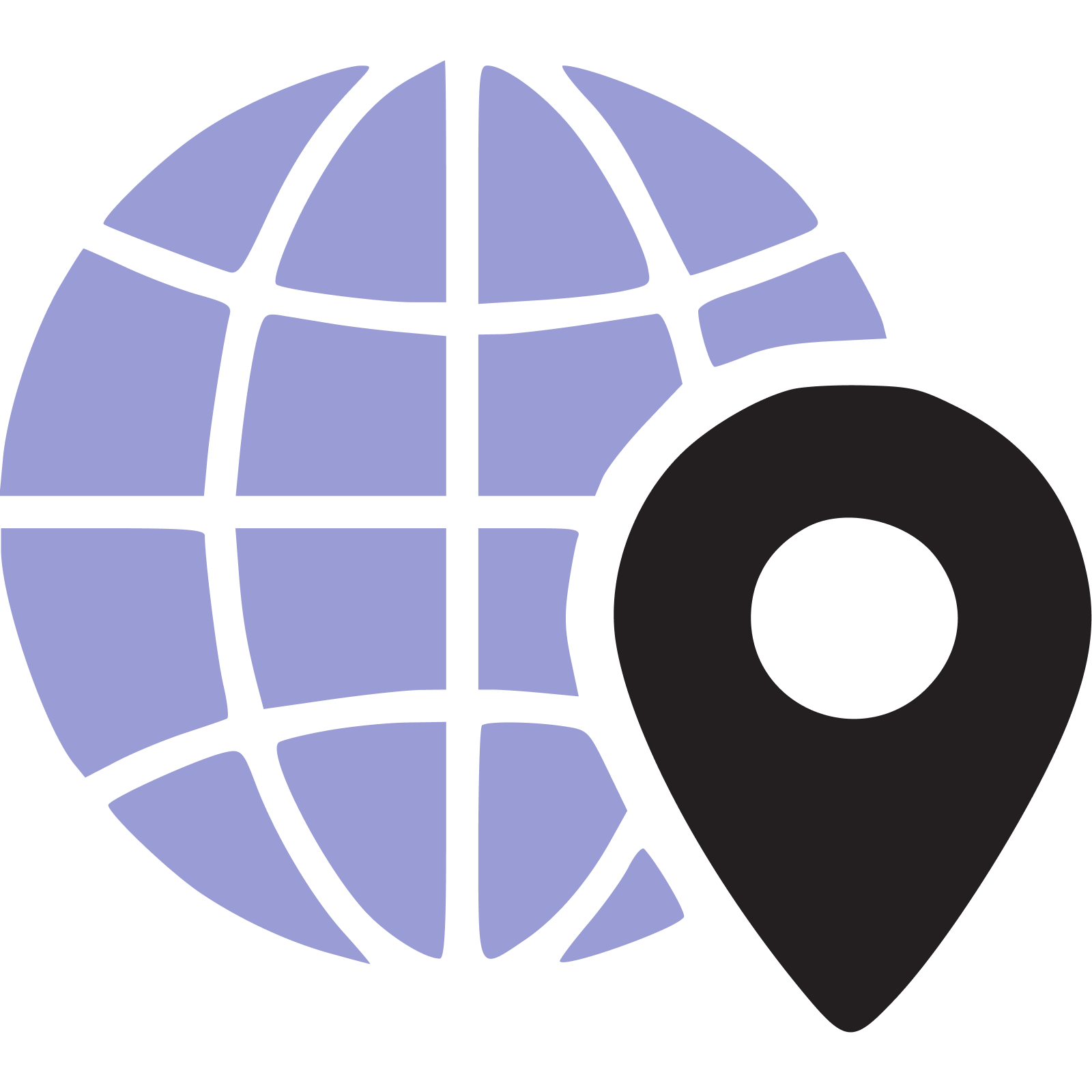 A stylized globe with a black location pin