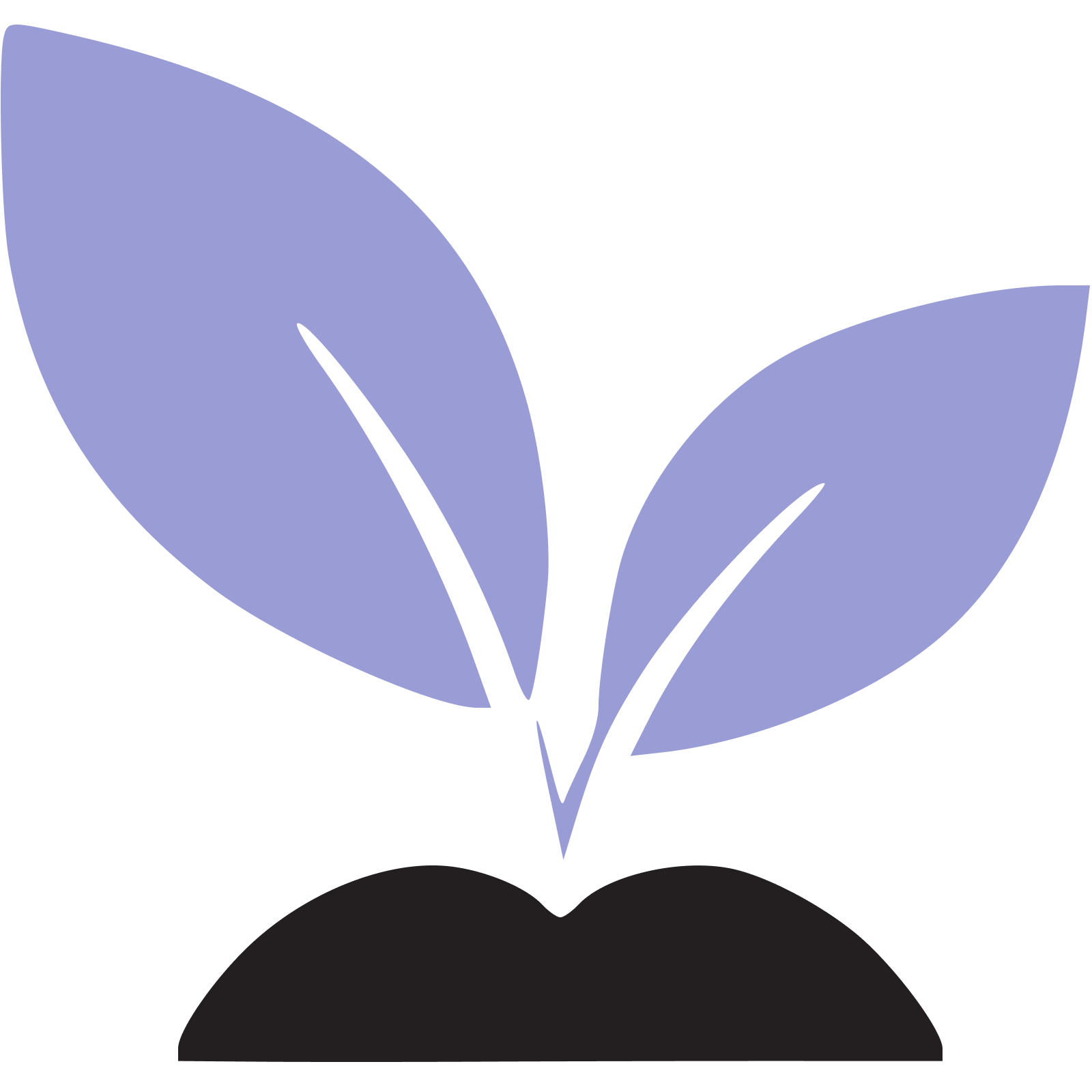 Stylized purple flower with black stem and leaves on a black background.