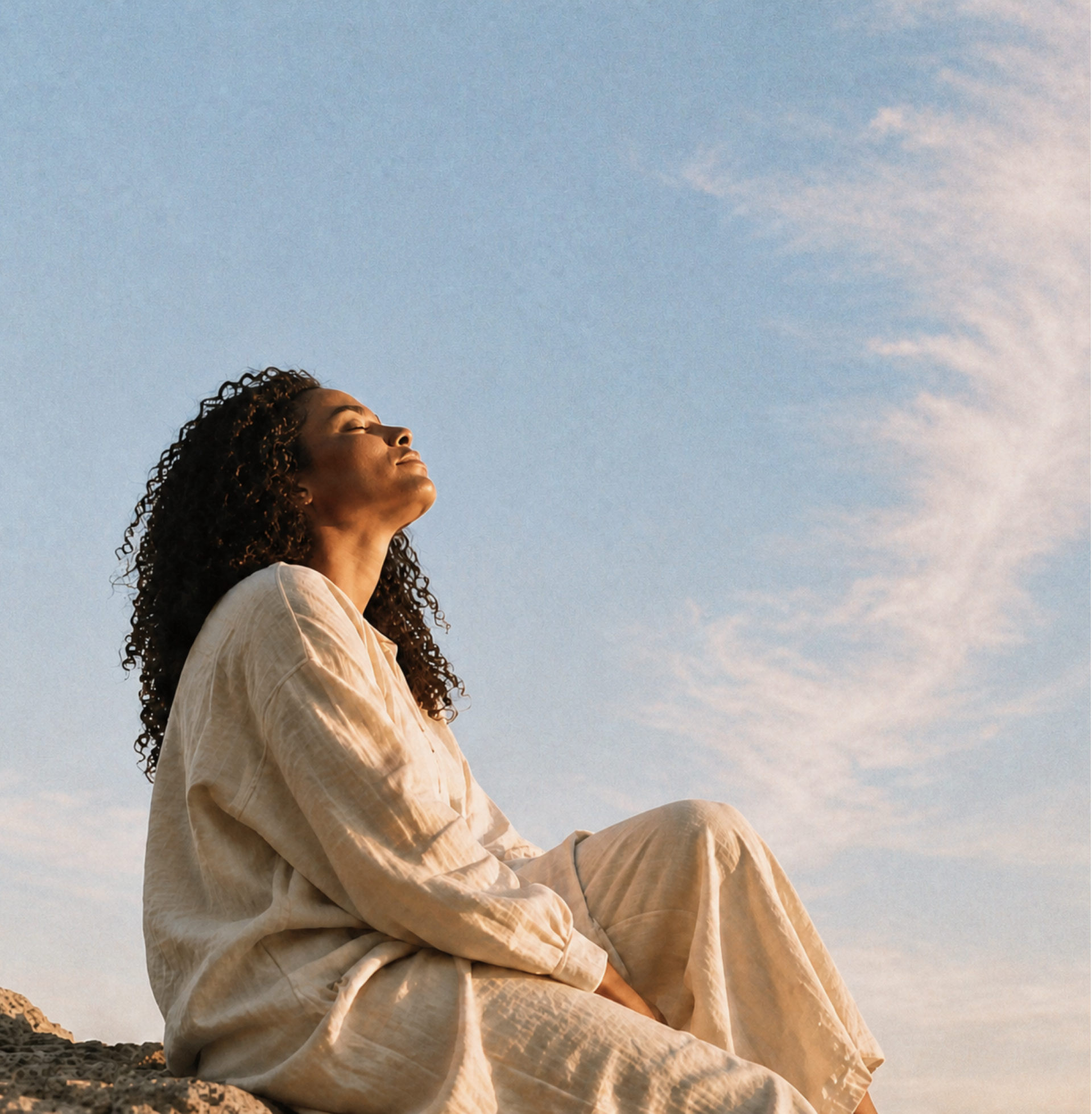 Woman relaxing beneath the evening sky, representing calm through hypnotherapy in Dubai