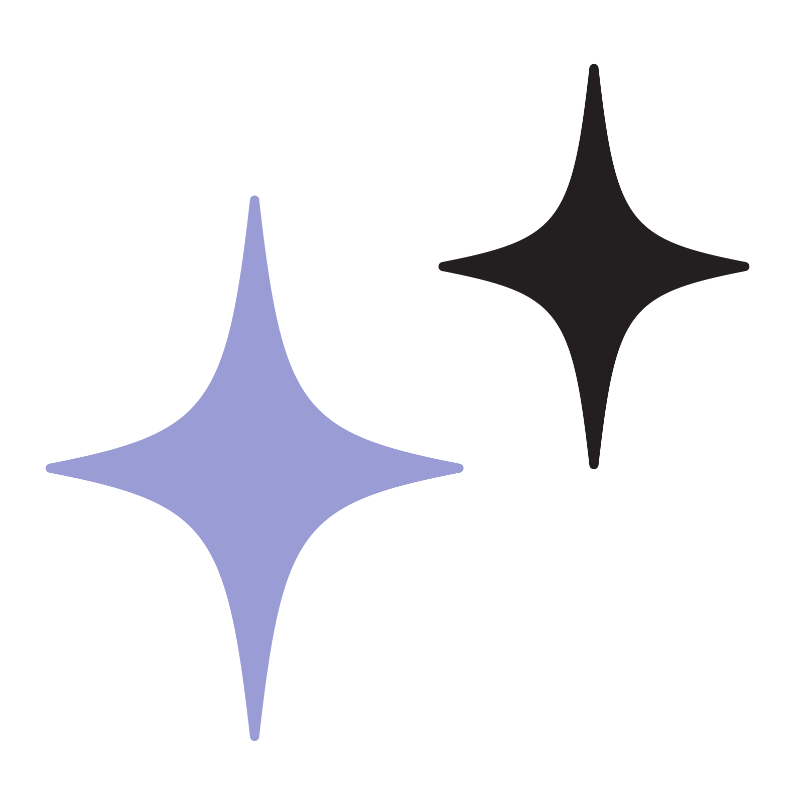 Two colored starburst shapes, one in blue and the other in dark gray, on a black background.