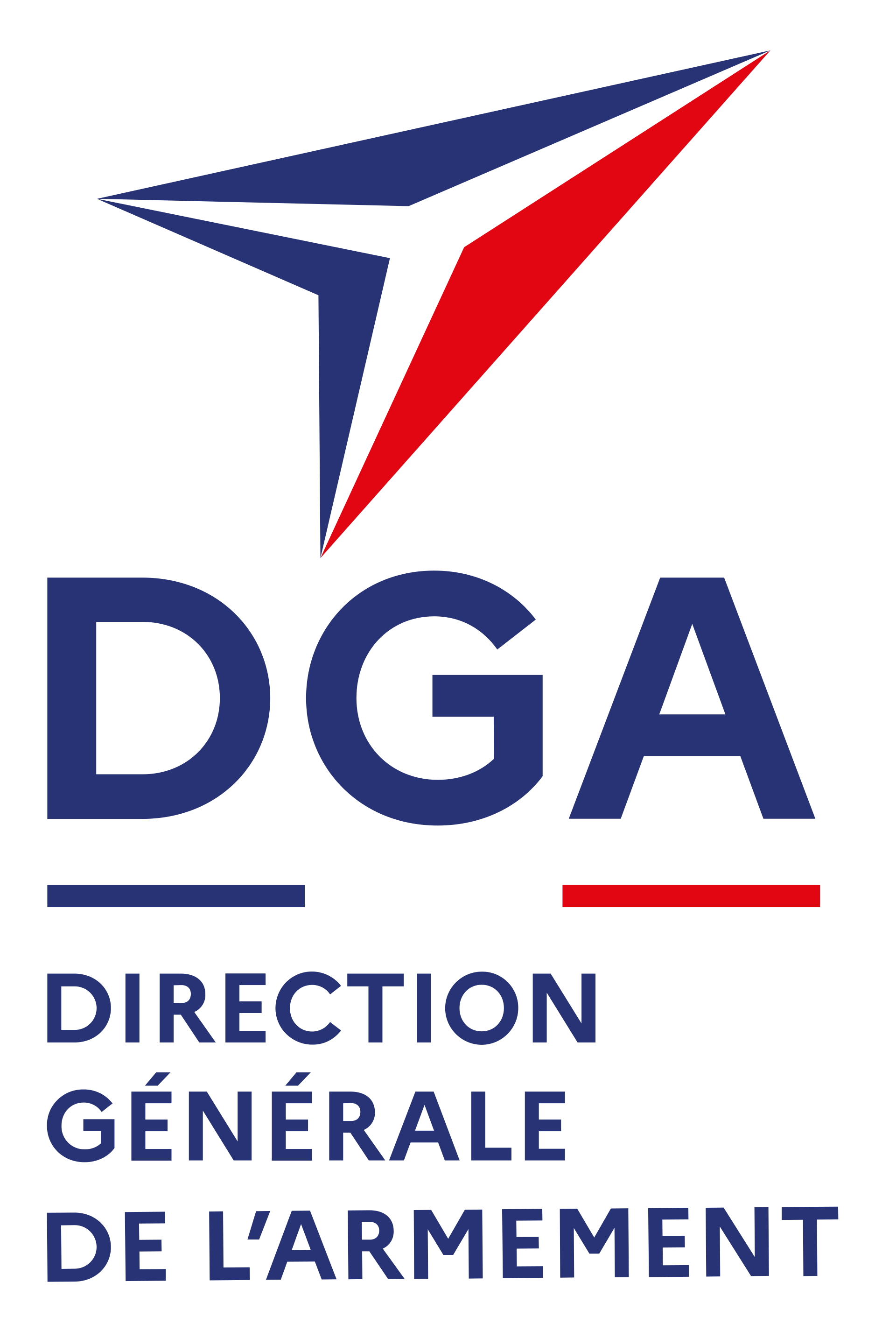 Logo de la Direction Générale de l'Armement (DGA) avec un symbole en forme de flèche stylisée en rouge, blanc et bleu.