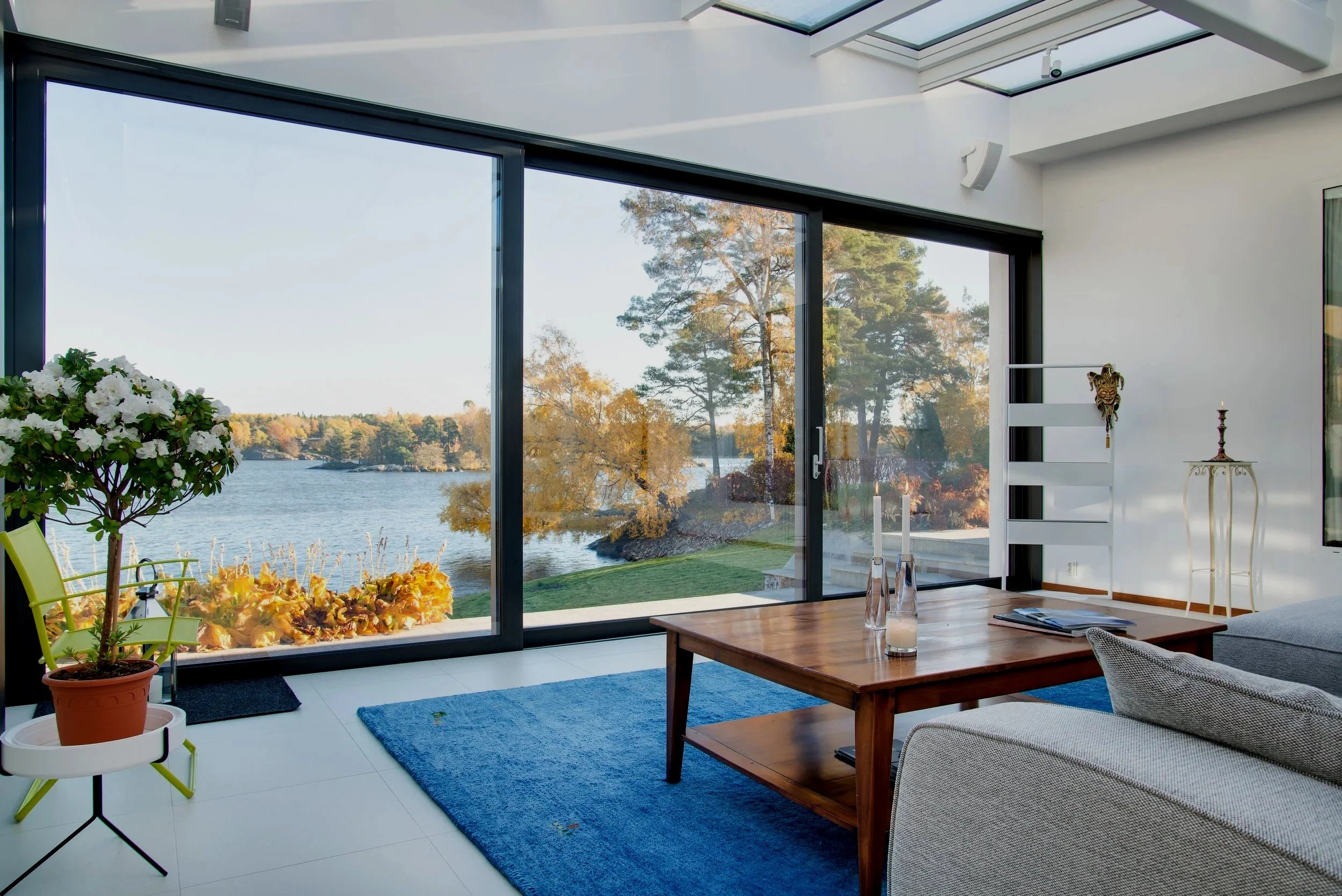Intérieur moderne d'une maison avec de grandes fenêtres donnant sur un paysage naturel avec des arbres et un lac, mobilier en bois, plantes, tapis bleu, décoration minimaliste.