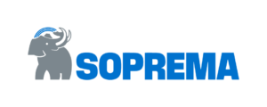 Logo de Soprema avec un éléphant stylisé et le nom en bleu.